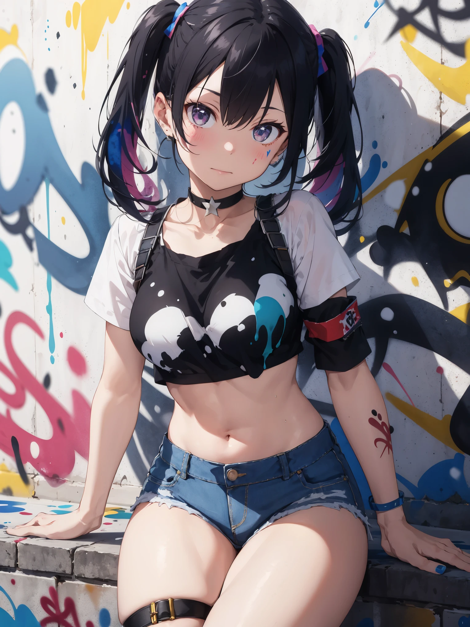 disorganized, highest quality,1 girl, alone, striped hair, crop top, denim shorts, choker, (graffiti:1.25),  paint splatters, turn your arms behind your back, (leaning forward), lean back, towards the wall, (Leaning to the side:0.125), looking at the viewer, armband, thigh strap, rainbow hair, paint on the body, upward glance, head down, head tilt, (From the side:1), (Expressionless:0.75),  BLUE \(Ramdayo\),  diffraction spike,