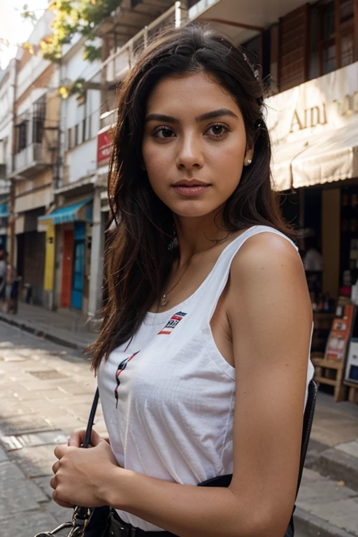 RAW UHD photo of a 24-year-old stunning Colombian woman, her personality reminiscent of the timeless charm of Colombia. Her eyes, filled with stories, eyes are a light shade of green, exuding wisdom with a touch of mischief. Her lips, rich and red, mirror the vitality of Colombian culture. Her hair, as dark and flowing as the Colombian night sky, frames her face. Dressed in a modern outfit, vibrant colors seem to reflect the very spirit of Colombia. The environment around her showcases a blend of symbolic street scenes from Cartagena—vintage cars, colorful buildings, and the heavenly blue sky.