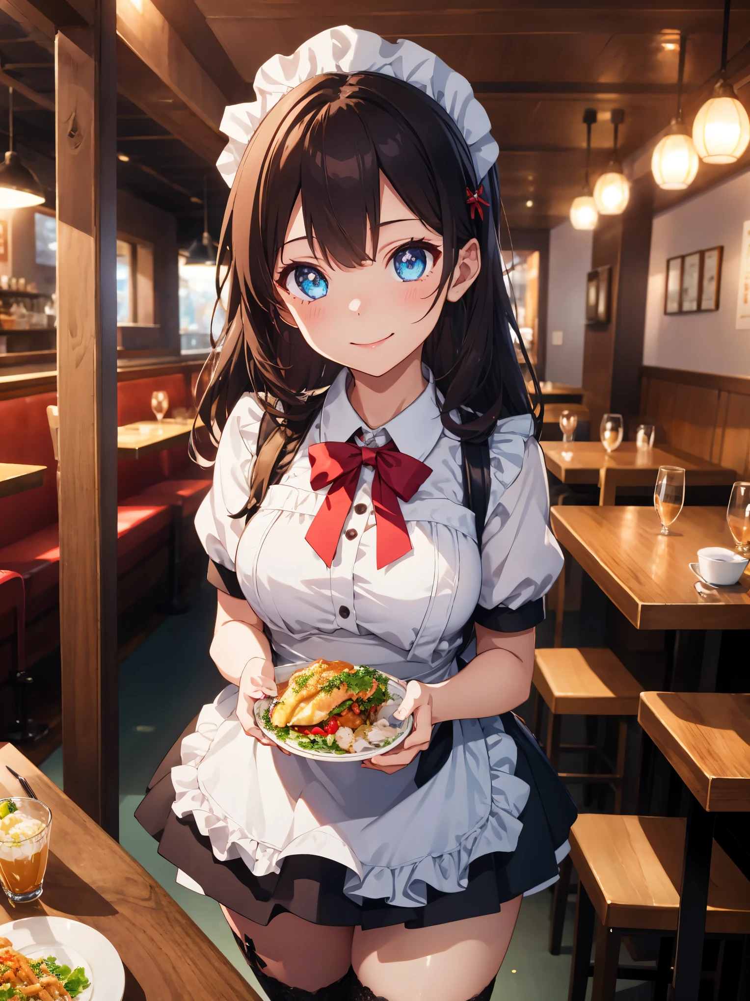 1 girl, this \(honkai: star rail\), hairpin, maid, maid headdress, maid apron, holding food, Lace Trim Legwear, cowboy shot, restaurant, indoors, looking at the viewer, smile, (Highly detailed CG Unity 8K wallpaper,masterpiece, highest quality, super detailed, beautiful and fine eyes:1.2)