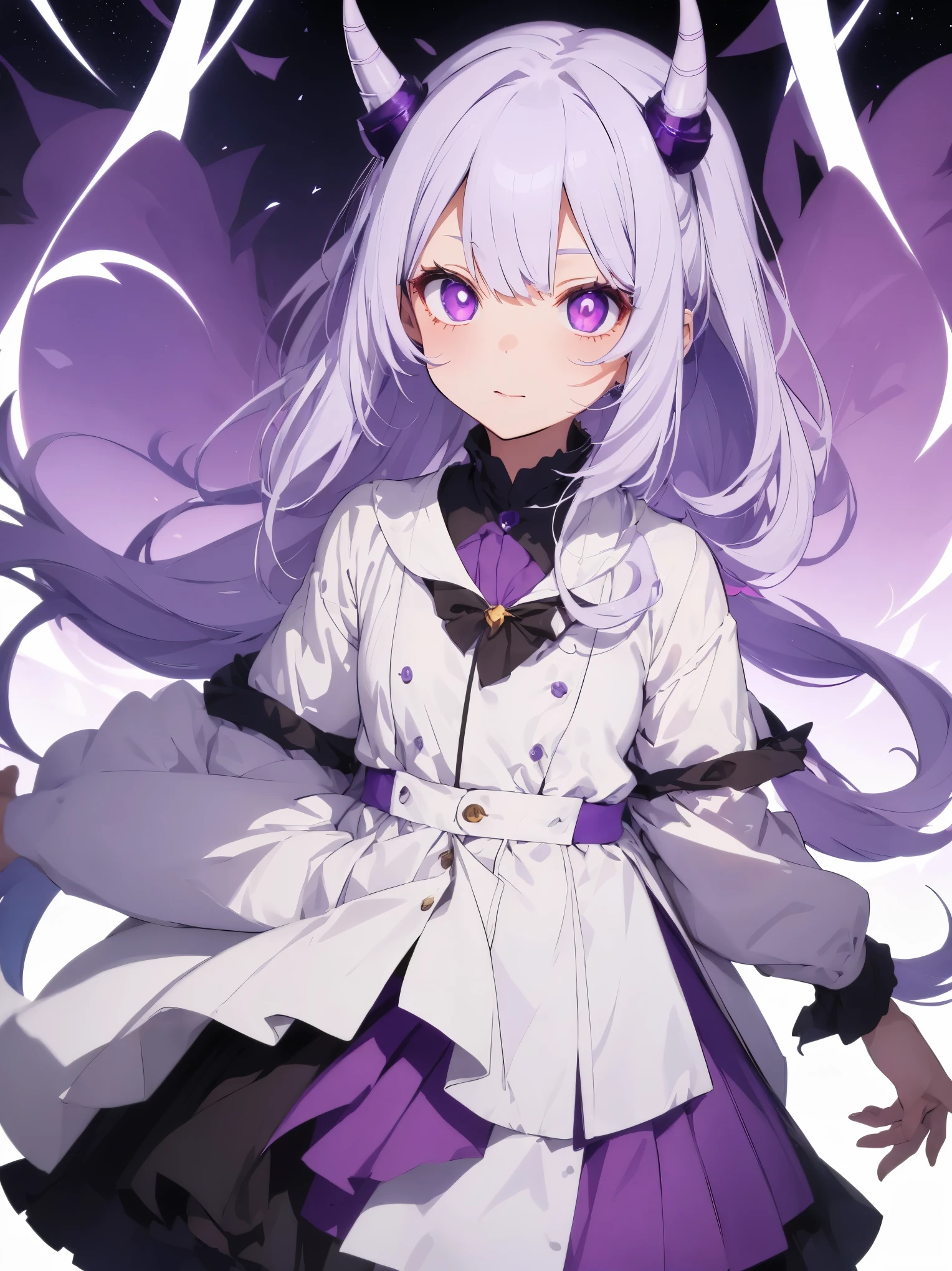 (master part, highest quality:1.2), 1 girl, 1 small purple horn in hair, big white hair, purple eyes, white and purple clothes