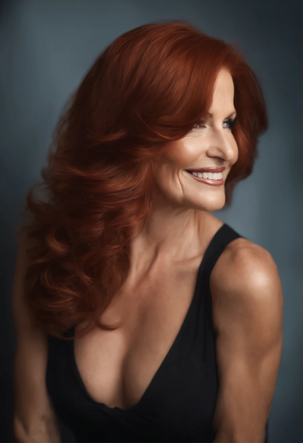 Middle aged LADY. 58 years old, impressive red hair. captivating look and subtle smile, flattering lighting. Pay attention to facial details, highlighting distinctive features, body, butt, full breasts, toned legs. sexy, made up and wearing jewelry, ass 8k