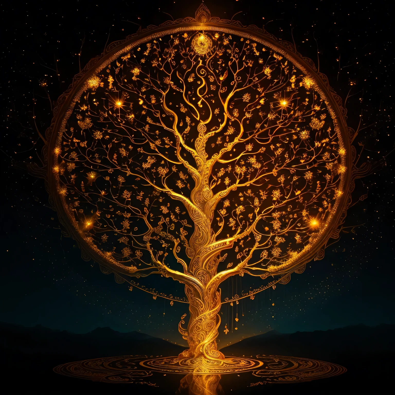 Create a captivating image of a Golden Tree of Mythological Knowledge, infundido com tons de ouro radiante que lembram o esplendor divino. Visualize roots that curl gracefully, evocando os fios serpentinos da mitologia, adorned with golden symbols from ancient myths. O porta malas, golden with intricate patterns reminiscent of celestial tapestries, represents the deep wisdom within the psychological realms. galhos, bathed in the golden glow of inspiration, reach the heavens, adorned with ethereal tones drawn from mythical tales. Immerse the entire artwork in a mythical color palette, highlighting the richness and vibrancy found in legendary narratives. This piece shall be a testament to the golden fusion of mythology, psicologia, and spirituality within the branches of the Tree of Knowledge