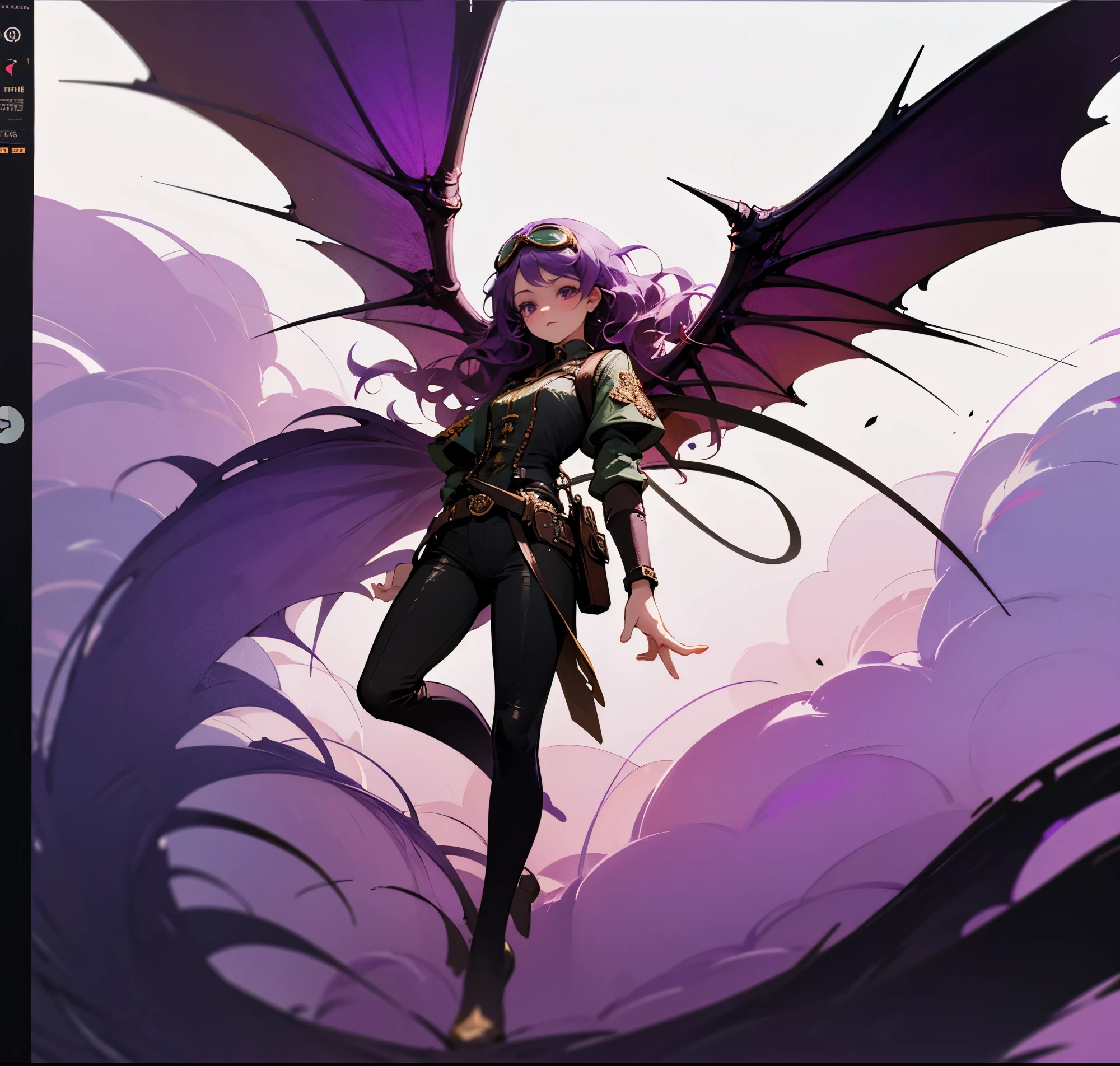 master piece, 1 girl, solo, dragon wings, full body, full art, wavy hair, steampunk goggles, anime, cute fairy, lovely digital painting, Amazing wallpapers, purple, lighting, steampunk theme, dragon theme, draconic, purple color, 4k, highly detailed, anime style, HDR, subsurface scattering, cinematic light, vivd colour, dynamicposes