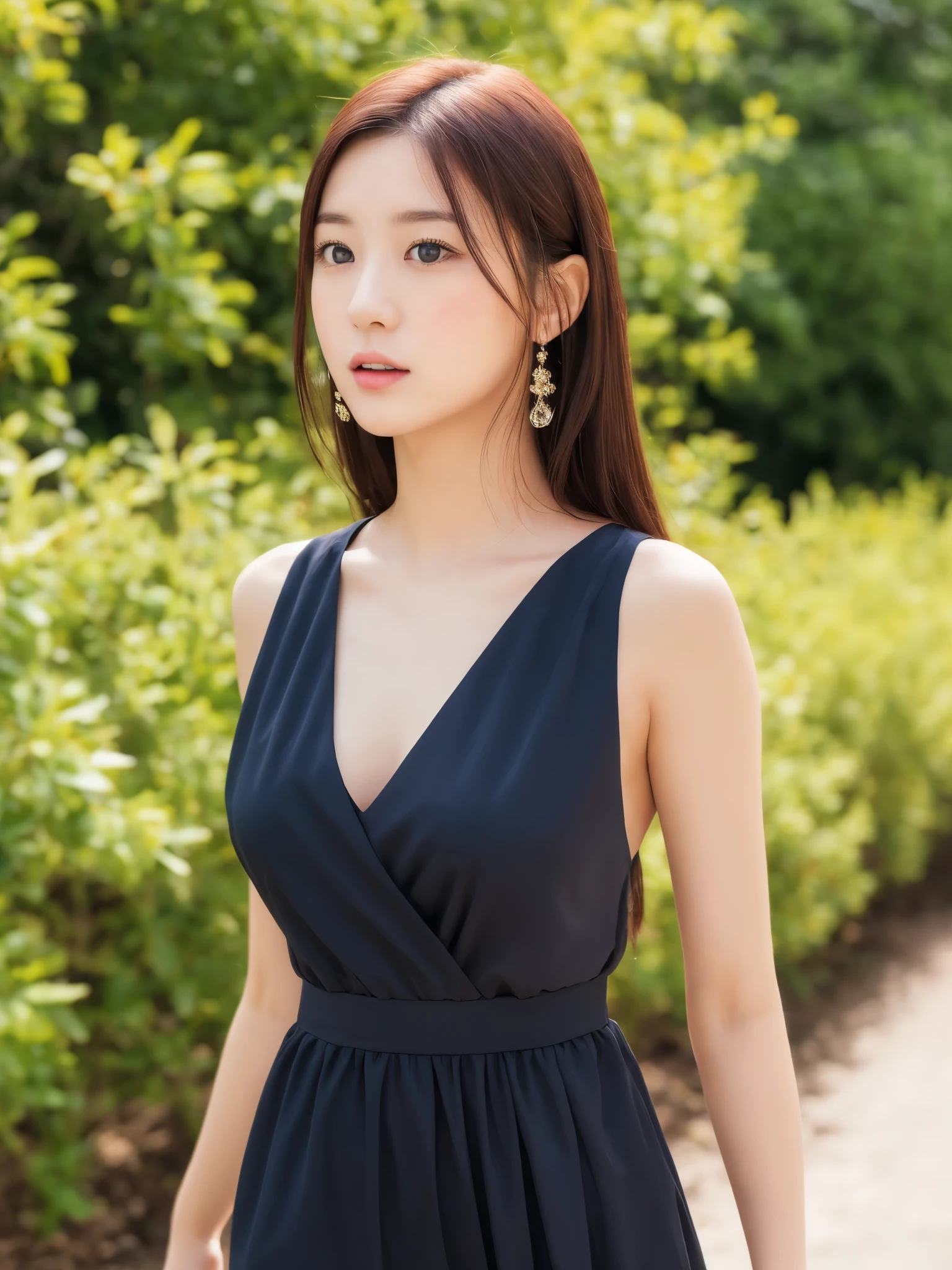 Close up portrait of woman walking in park in black dress、japanese model、Young sensual gravure idol、Young and cute gravure idol、リアルyoung gravure idol、Real Sensual Gravure Idol、young gravure idol、sophisticated gravure idol、Young skinny gravure idol、most beautiful asian girl ever