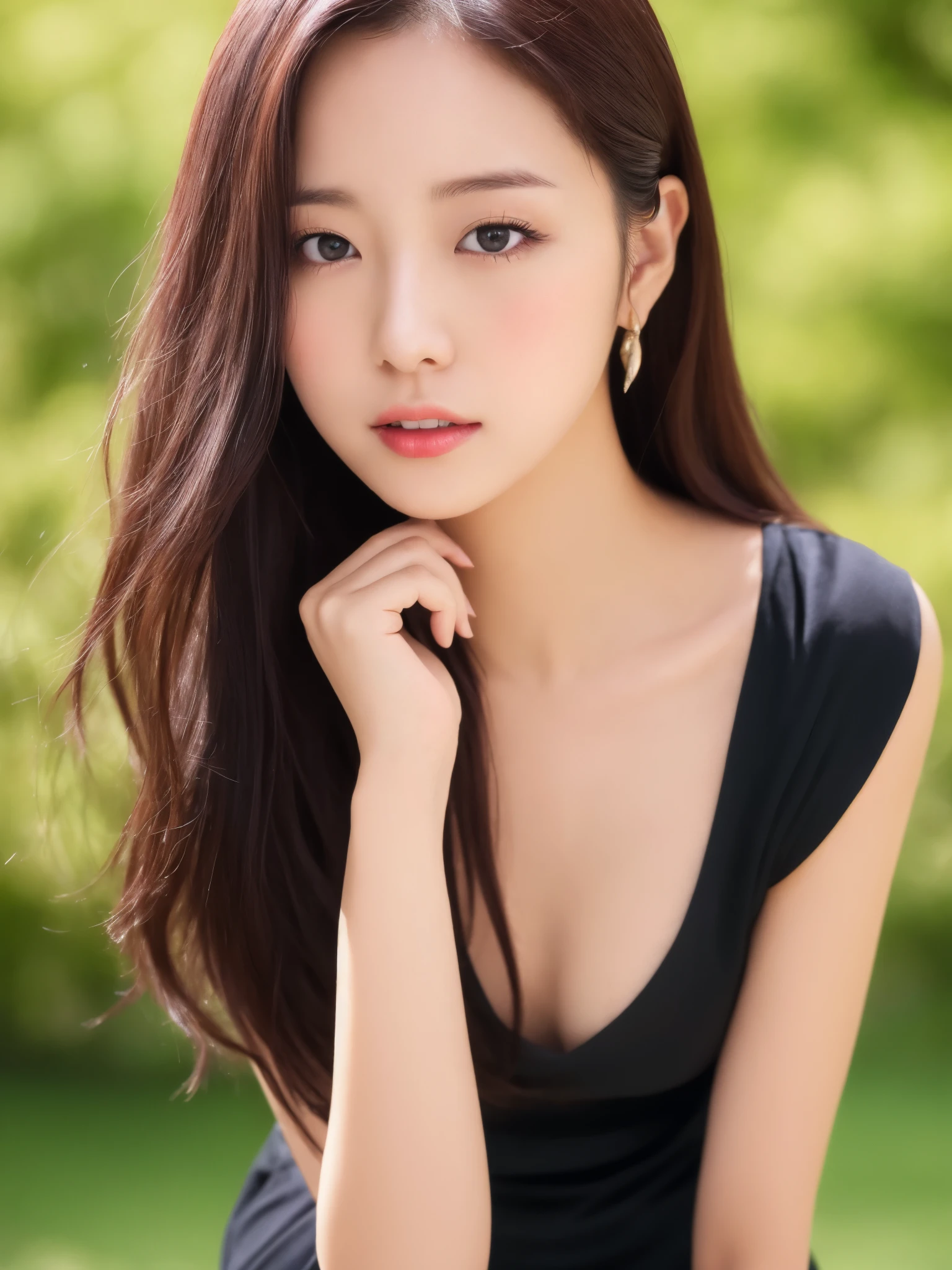 Close up portrait of woman walking in park in black dress、japanese model、Young sensual gravure idol、Young and cute gravure idol、リアルyoung gravure idol、Real Sensual Gravure Idol、young gravure idol、sophisticated gravure idol、Young skinny gravure idol、most beautiful asian girl ever