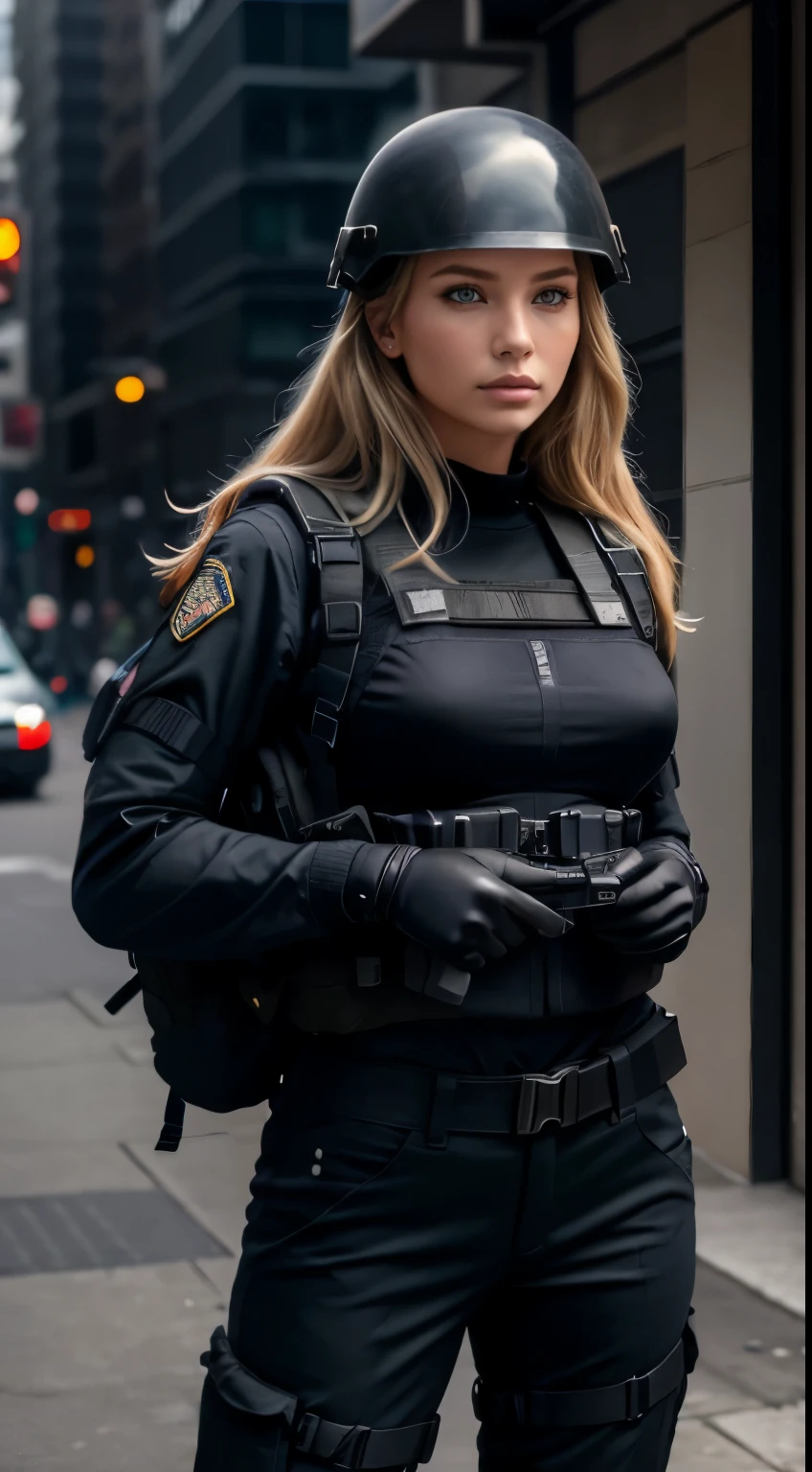 Foto hiperrealista en primer plano de Emily Sears, masterpiece, best quality, (photorealistic:1.4), beautiful woman, skinny, blond hair, detailed face, facing the camera, photo taken from a distance, age of 20 years old, Special forces uniforms、Black tactical vest、black black Military trousers、Black combat gloves、rucksack、Black black military undershirt、SWAT helmet, Detailed facial and chest depictions、detailed hand depiction、Combat pose、Dynamic action、in the city、White smoke、watching at viewers