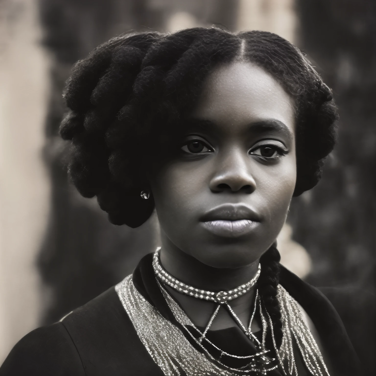 portrait photograph of a black woman with four large natural cornrow braids hair style wearing a 1900s Edwardian Era fancy long neck and sleeves dress standing on a church door, 4k