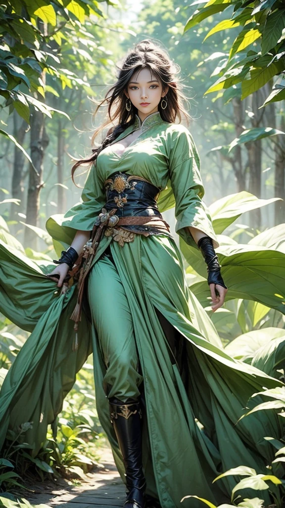 ((full body illustration)), high definition|quality|contrast. Fantasy art. an woman warrior holding a staff, ((attack pose)), looking at the viewer, Eastern traditional combat costume in shades of green, wind (swirl of leaves around her:1.5). her body emanates an energy of peace and strength that emits white and green colors of peace and strength.This energy that radiates around her protects her against an evil spirit. soft ambient light, fantasy dream background.