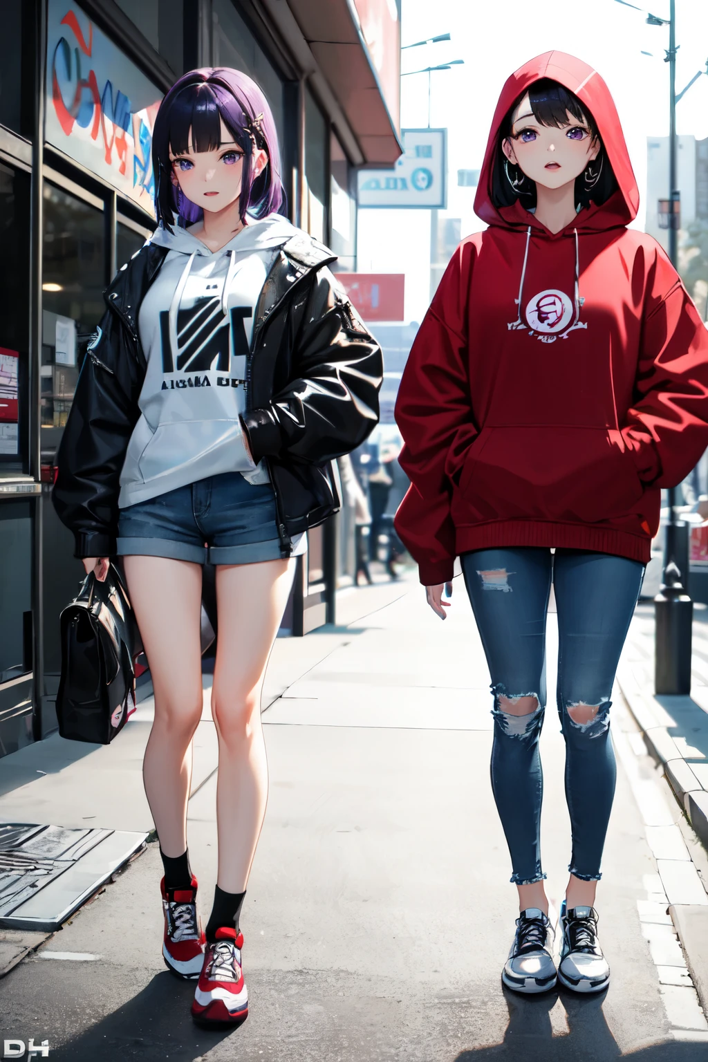 ((best quality)), ((masterpiece)), (detailed), hot girl, shoert hair color red and purple, white skin, she play at casino, jordan 4 shoes, black bagghy jeans, short hoody, rave party in background, 4k, HD

