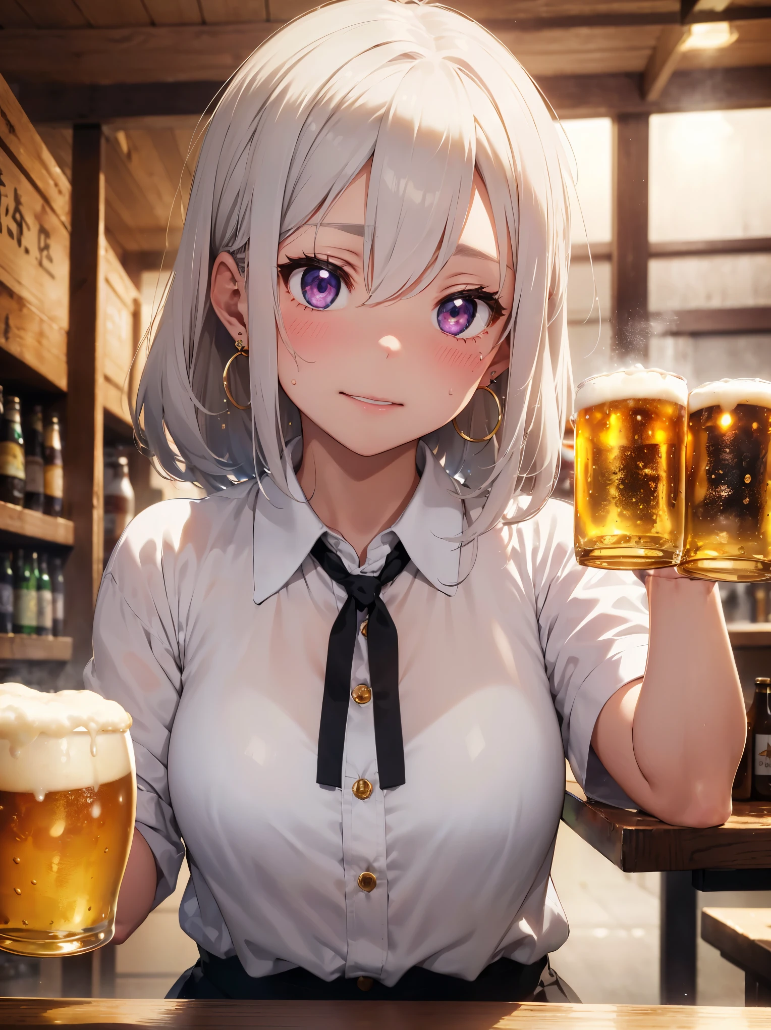 table top, highest quality, 1 girl, On your back, Lying face down on the table, (((dirty white hair, White blouse shirt, gold earrings))), (drunk:1.5), (blush:1.3), (sitting, drinking beer:1.3, sweating:1.3), ((lots of big beer mugs:1.2))、Light purple eyes、
((indoor, night, pub)), (sharp focus:1.2), professional lighting, photon mapping, radio city, Physically based rendering、Holding a beer mug in your hand