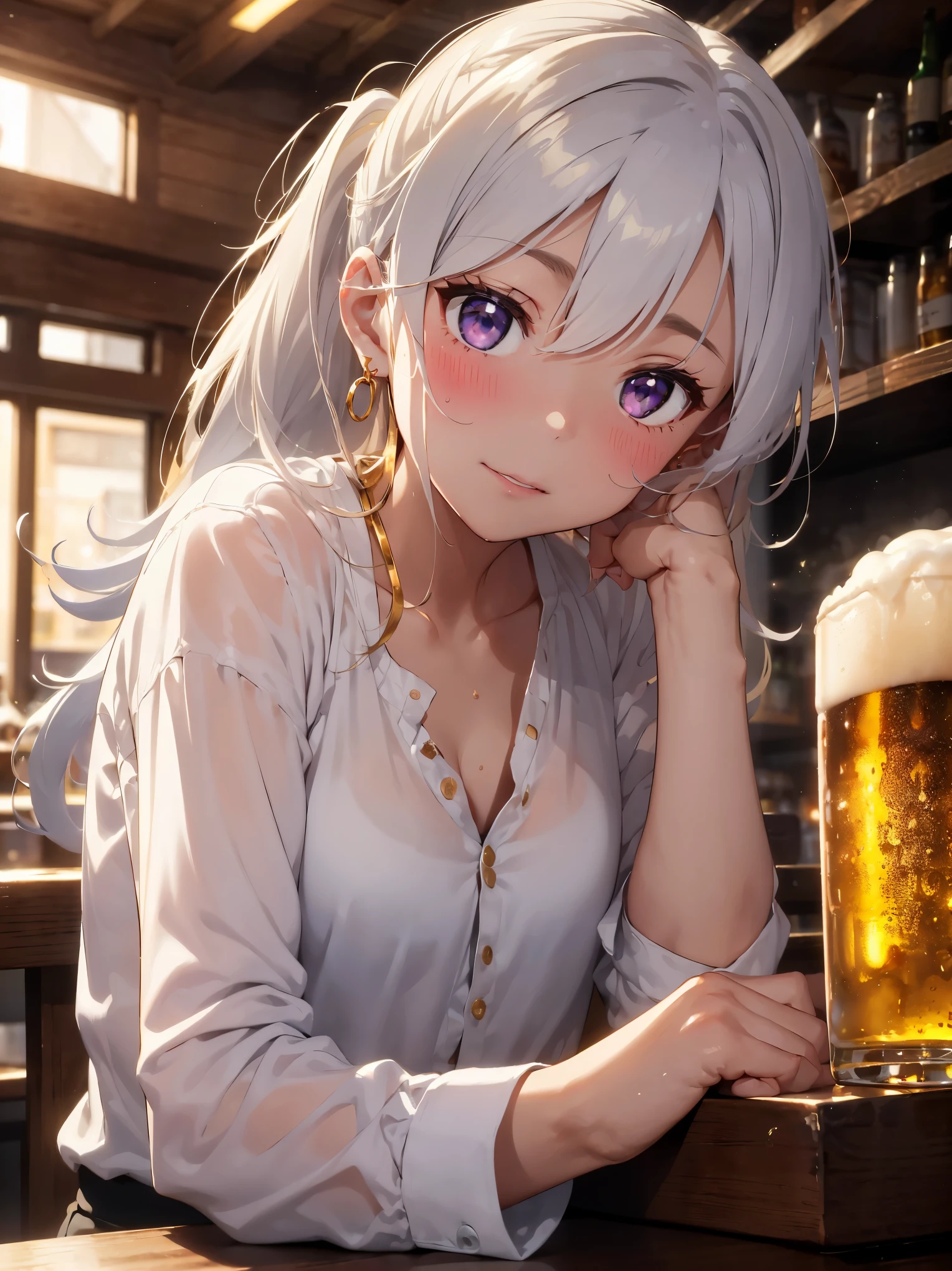 table top, highest quality, 1 girl, On your back, Lying face down on the table, (((dirty white hair, White blouse shirt, gold earrings))), (drunk:1.5), (blush:1.3), (sitting, drinking beer:1.3, sweating:1.3), ((lots of big beer mugs:1.2))、Light purple eyes、ponytail
((indoor, night, pub)), (sharp focus:1.2), professional lighting, photon mapping, radio city, Physically based rendering、Holding a beer mug in your hand