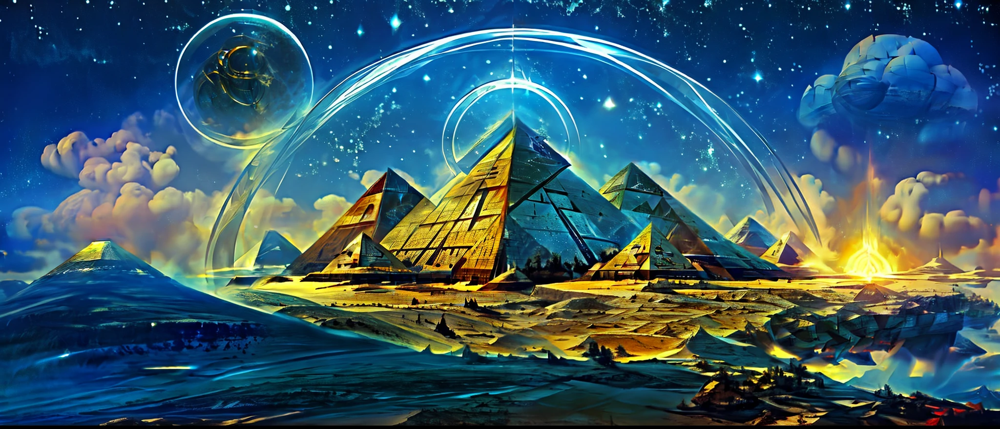 a view of a pyramid with a planet in the background, ancient yet futuristic, ancient futuristic, ancient megastructure pyramid, ancient science fiction art, ancient alien tools and houses, ancient sci - fi elements, extraterrestrial paradise, ancient alien portal, alien civilization, cybernetic civilizations, geometry and astrology, the encrypted metaverse, egyptian atmosphere