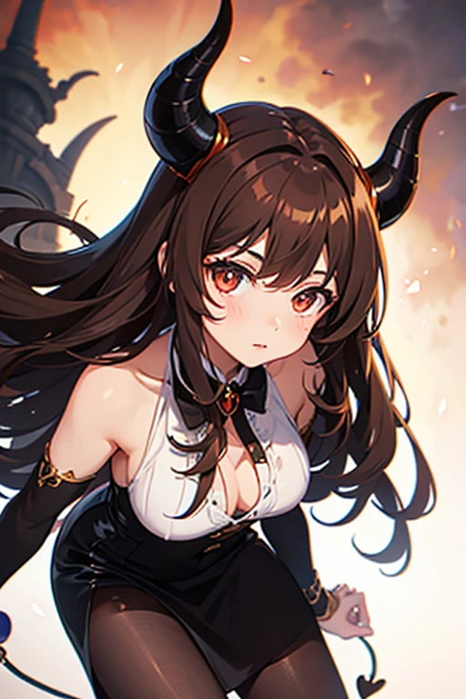 girl with brown hair, demon horns, low angle