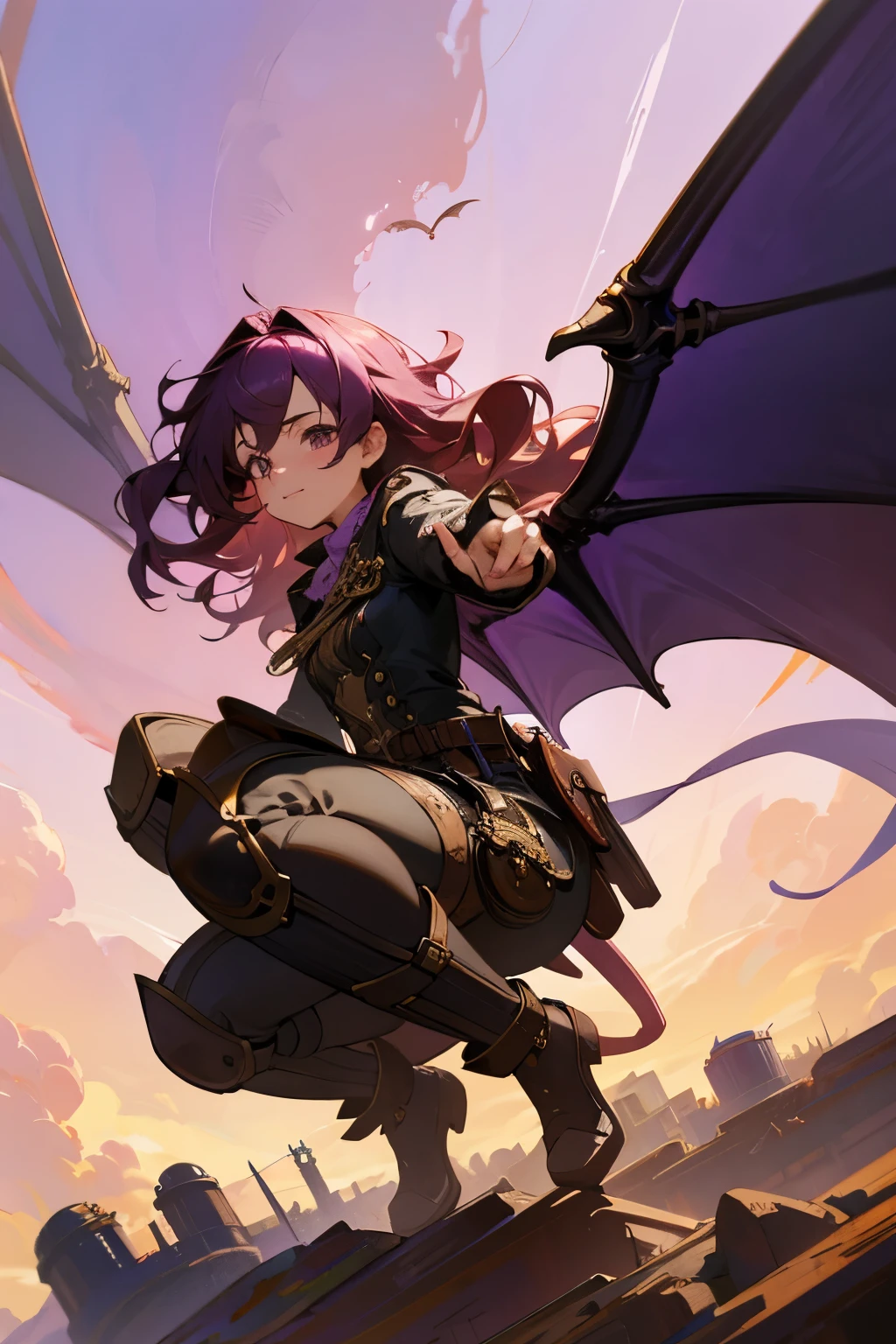 master piece, 1 girl, solo, dragon wings, full body, full art, wavy hair, steampunk goggles, anime, cute fairy, lovely digital painting, Amazing wallpapers, purple, lighting, steampunk theme, dragon theme, draconic, purple color, 4k, highly detailed, anime style, HDR, subsurface scattering, cinematic light, vivd colour, dynamicposes