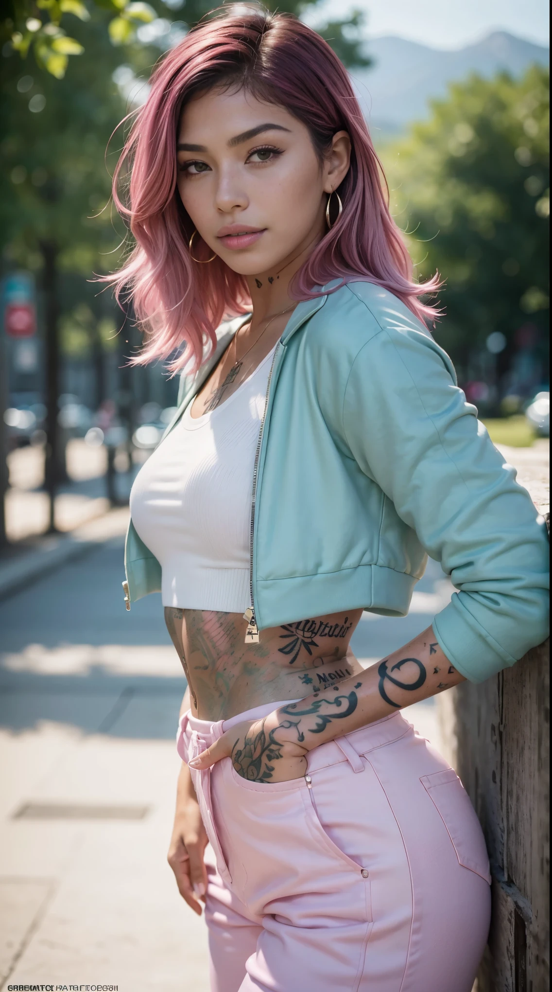 50 years old, gorgeous cute Brazilian girl, smirk, freckles, polaroid photo, (dark skin:1.4), (medium pink hair:1.4), (Georgina Rodriguez:1.4), araffe asian woman in a white top and grey pants and Green mint jacket, short jacket, soft curly hair, very long hair, medium blonde hair, tzuyu from twice, korean artist, outdoors, beautiful sky, afternoon, warm, behind there are big mountains and rivers, lots of people, Earrings, winner of most beautiful model, famous beautiful model, good young girl, (masterpiece:1.0),(best_quality:1.0), ultra high res,4K,ultra-detailed, photography, 8K, HDR, highres, absurdres:1.2, Kodak portra 400, blurry background, bokeh, lens flare, (skin texture:1.2), (vibrant_color:1.2),professional photograph, (the_tattoo:1.4), (beautiful_face:1.5),(narrow_waist). --v 6