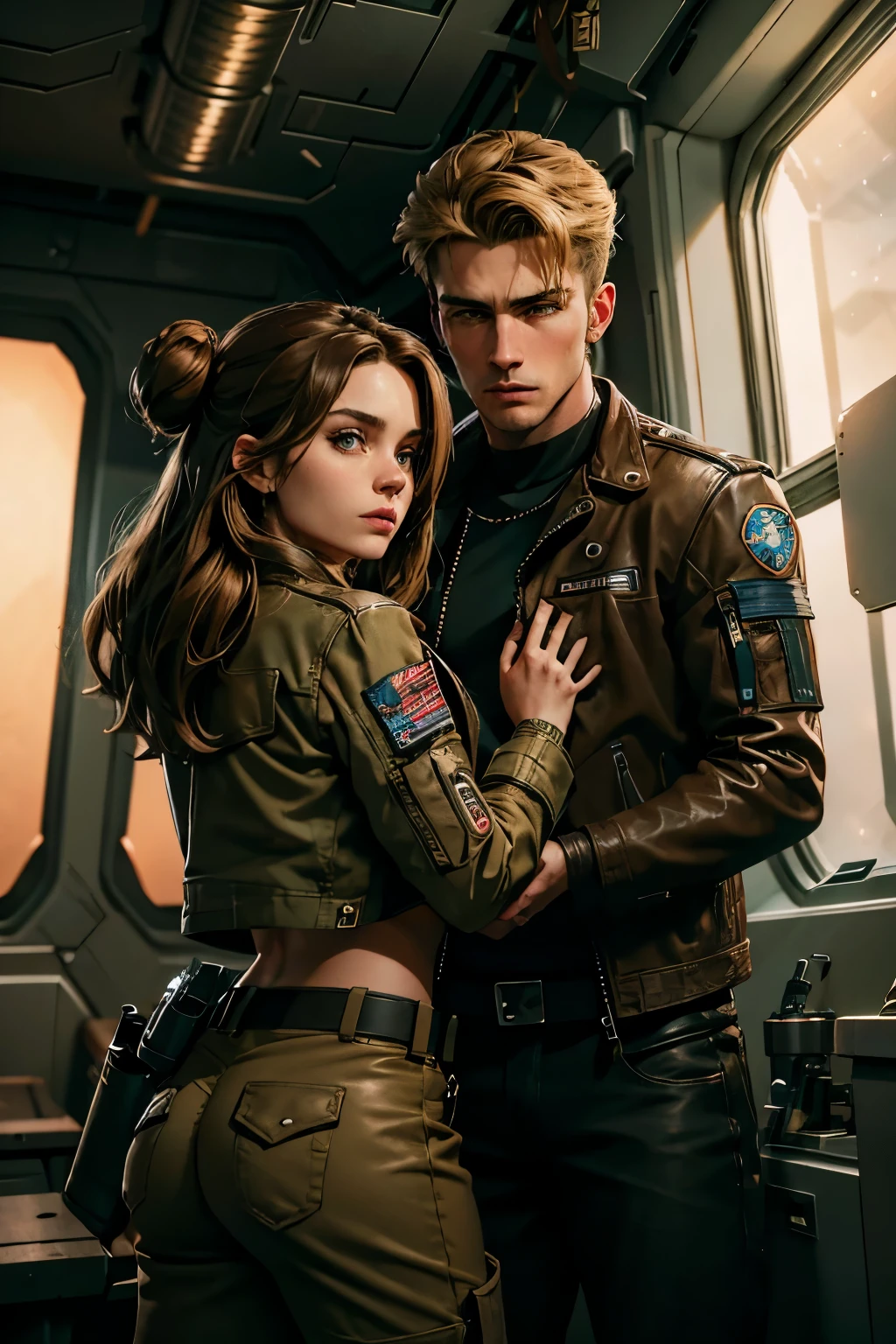 hyper realistic photography of female beautiful brunette space soldier Celine in khaki cargo pants, dark red leather flight jacket with a skull emblem and black lace crop top, heavy combat boots, brunette hair in a bun, standing, leaning against the handsome blonde male mechanic Erin in his blue overall with loose blonde hair, lovingly embracing her as they watch through a large panoramic window in a space station which shows fleet of battle spaceships