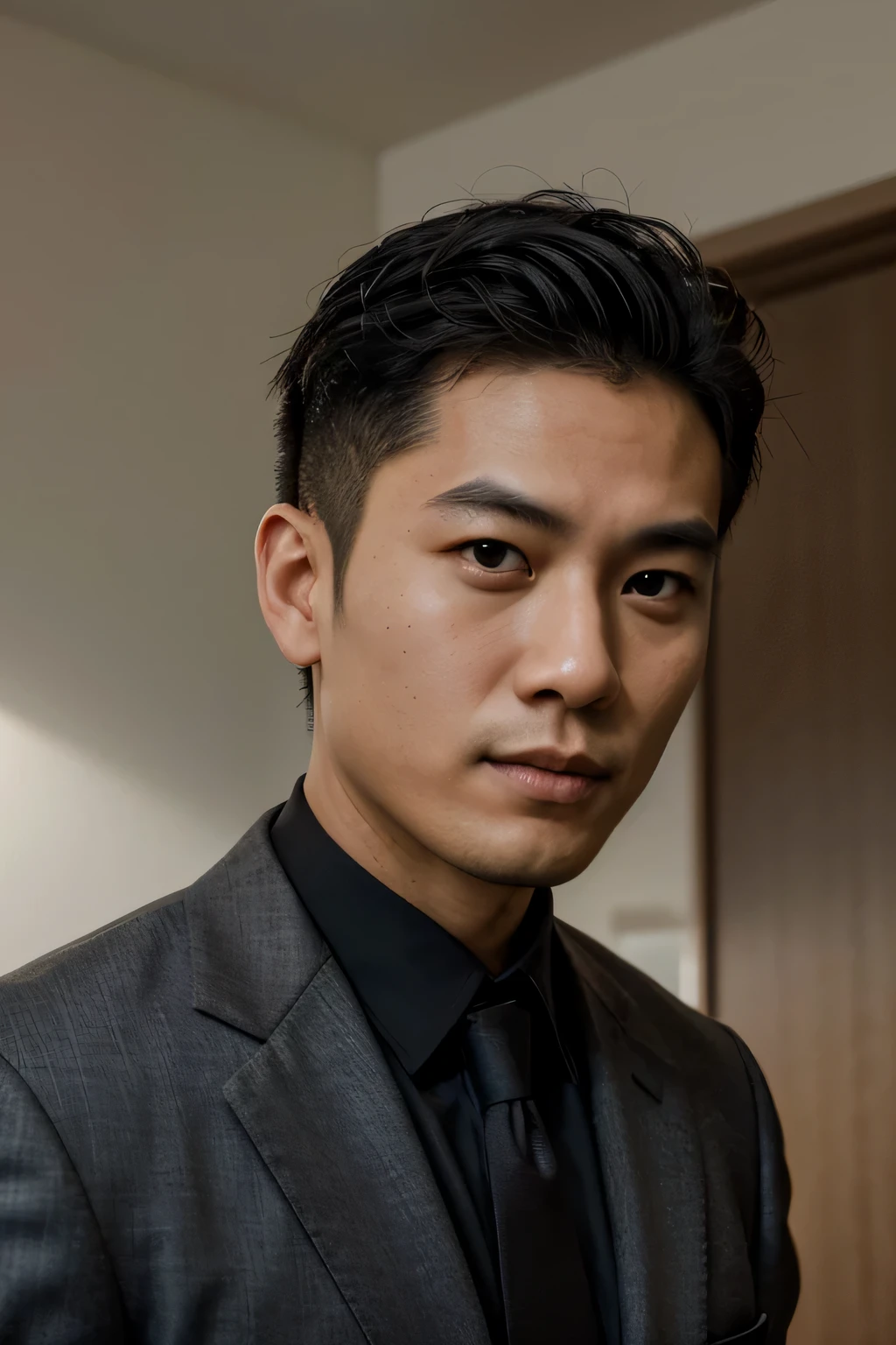 A photorealistic portrait of a 28-year-old asian man with faded pompadour, wearing a suit. He should have a natural, approachable expression and be illuminated by bright natural lighting. He is facing the camera, and the background is a luxurious, minimalist office space. Capture this image with a high-resolution photograph using an 50mm lens for a flattering perspective.