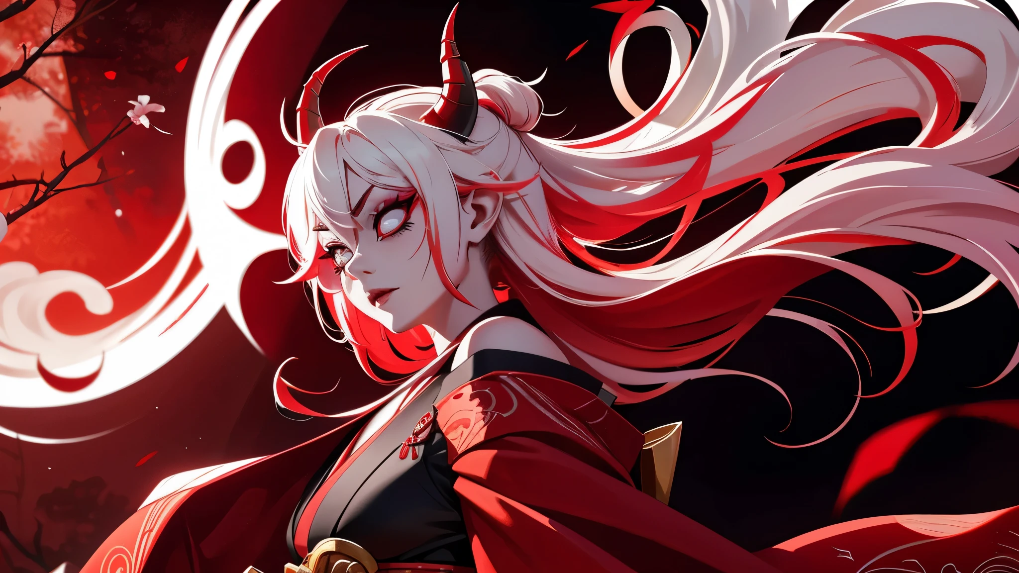 Briar with a red traditional japanese kimono on, red oni horns, red make up with white hair with red tips, very japanese aesthetic, spider lily in her hair, smoke behind her, villain vibes, Demonic, overwhelming presence, japanese shrine, blood red moon in the sky, field of spider lily