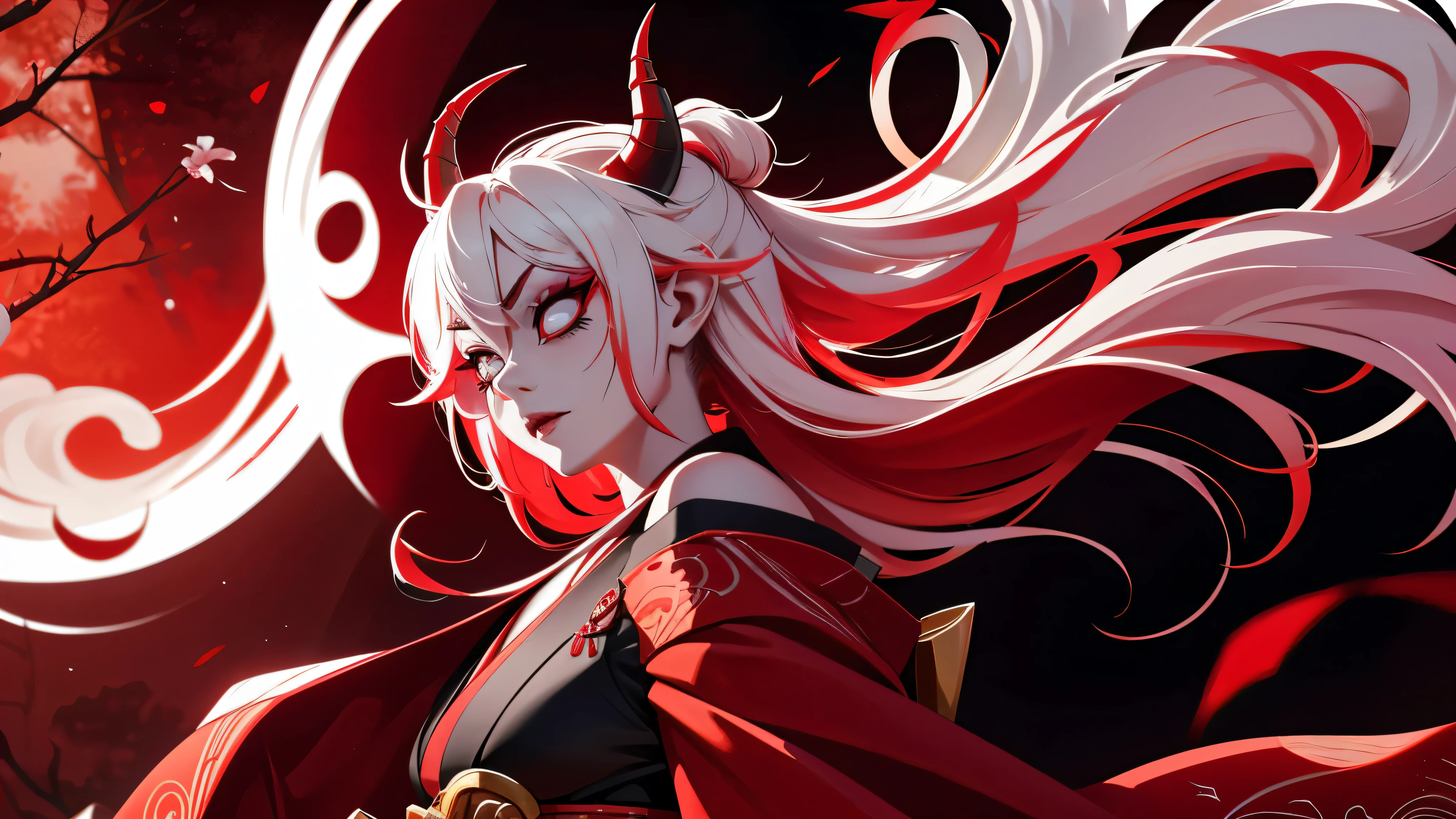 Briar with a red traditional japanese kimono on, red oni horns, red make up with white hair with red tips, very japanese aesthetic, spider lily in her hair, smoke behind her, villain vibes, Demonic, overwhelming presence, japanese shrine, blood red moon in the sky, field of spider lily