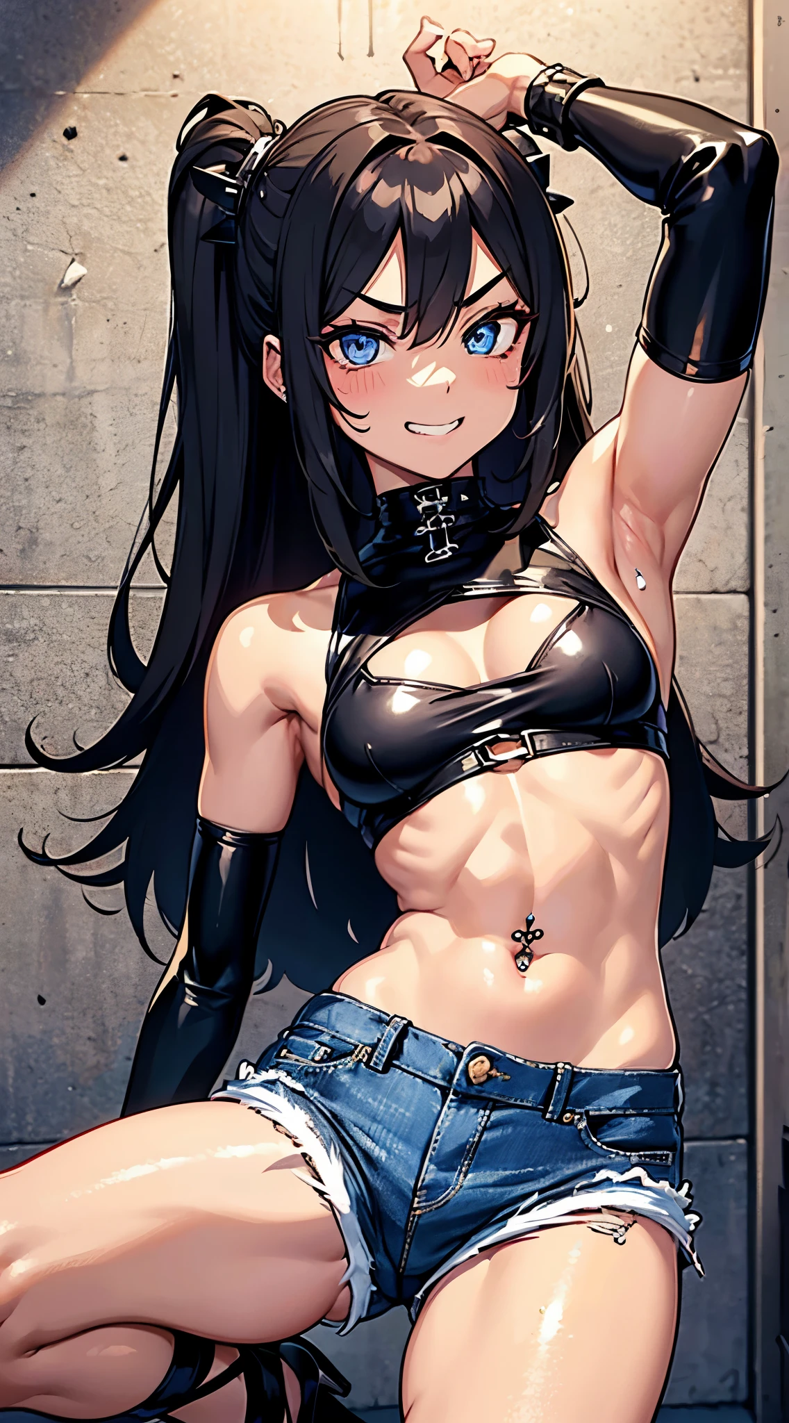 (Meisterwerk), best quality, ultrascharf, 4K, ausdrucksstarke Augen, perfektes Gesicht, Egyptian , tanned skin, Fit for the body, oiled, Breasts small, Fit for the thighs, Ahegao, Orgasmus, geil, beauty, kurzes, unordentliches, Brunettes Hair, leichter Strumpf, Unbutton denim shorts, Halsband, kein BH, harte Brustwarzen, Prison cell, Ohrringe, Ohrpiercings, evil grin, rote Augen, Rote High Heels, dunkle Haut, sweaty armpit, Bauchnabelpiercing