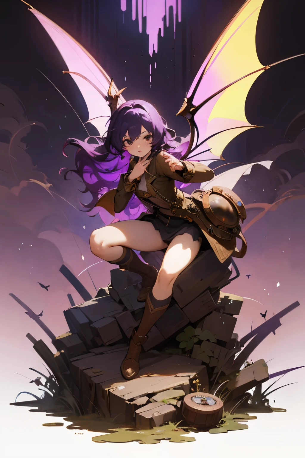 master piece, 1 girl, solo, dragon wings, full body, full art, wavy hair, steampunk goggles, anime, cute fairy, lovely digital painting, Amazing wallpapers, purple, lighting, steampunk theme, dragon theme, draconic, purple color, 4k, highly detailed, anime style, HDR, subsurface scattering, cinematic light, vivd colour, dynamicposes