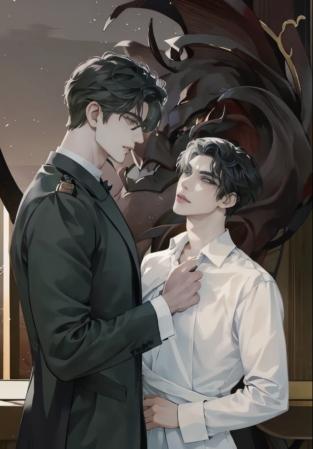 There was a man and a woman standing next to each other., Two handsome anime boys, Edmund Blair and Charlie Bowater, By Yang J, In the art form of the pond, Male Art, high quality fanart, official fan art, Very detailed fan art, Inspiration from Zhang Han, Niksu and Sakimichan, Detailed fan art, Inspiration from Yan Juncheng
