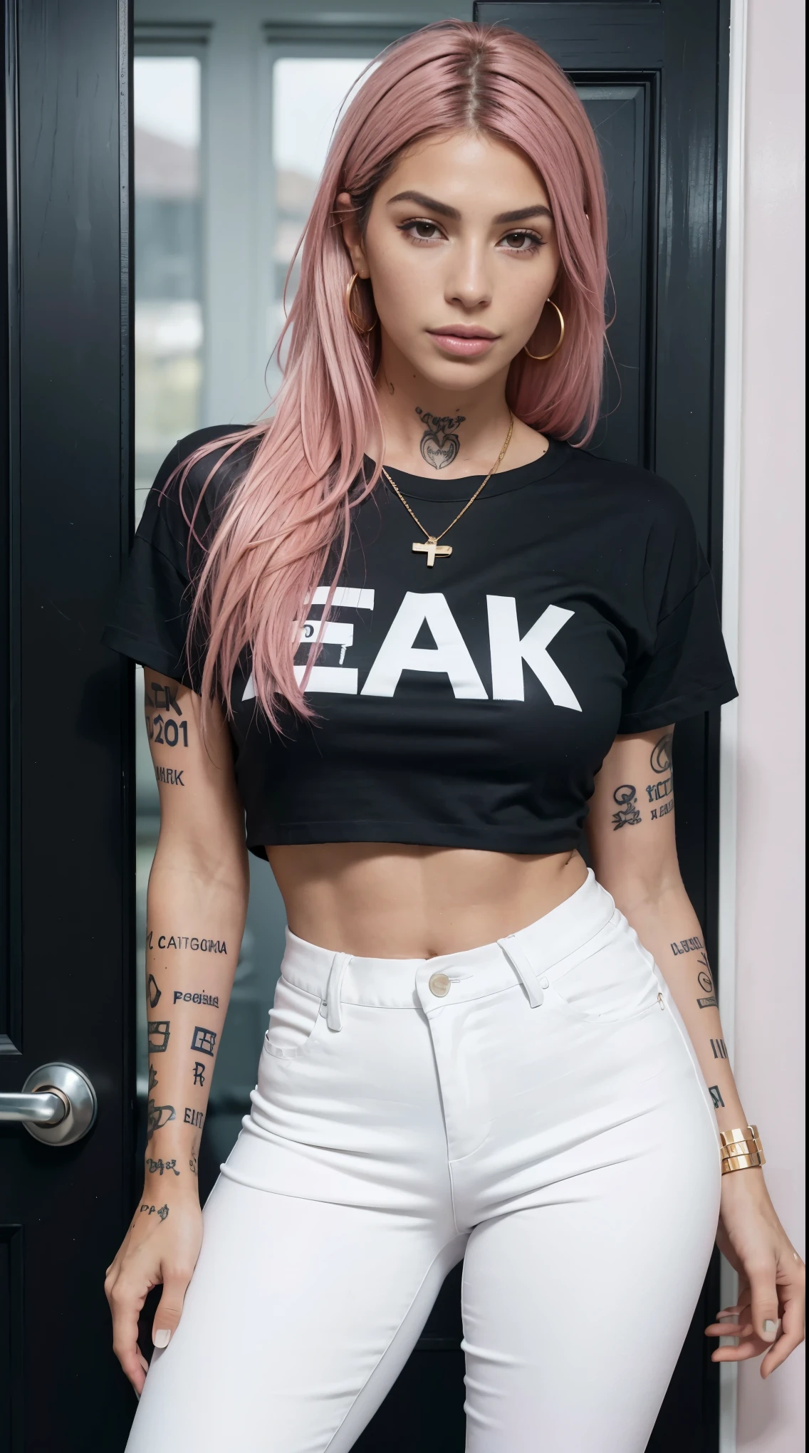 50 years old, gorgeous cute Argentinian girl, smirk, freckles, polaroid photo, (dark skin:1.4), (medium pink hair:1.4), (Georgina Rodriguez:1.4), araffe woman in black shirt and white pants standing against a door, with ripped crop t - shirt, black top, wearing black tshirt, wearing a black tshirt, wearing a cute top, black t shirt, wearing a black t-shirt, wearing a sexy cropped top, wearing crop top, violet myers, in tshirt, skinny waist and thick hips, white pants, wearing a rock necklace, wearing a gold watch, wearing colorful bracelets, behind there are big rivers, lots of people, Earrings, winner of most beautiful model, famous beautiful model, good young girl, (masterpiece:1.0),(best_quality:1.0), ultra high res,4K,ultra-detailed, photography, 8K, HDR, highres, absurdres:1.2, Kodak portra 400, blurry background, bokeh, lens flare, (skin texture:1.2), (vibrant_color:1.2),professional photograph, (the_tattoo:1.4), (beautiful_face:1.5),(narrow_waist). --v 6