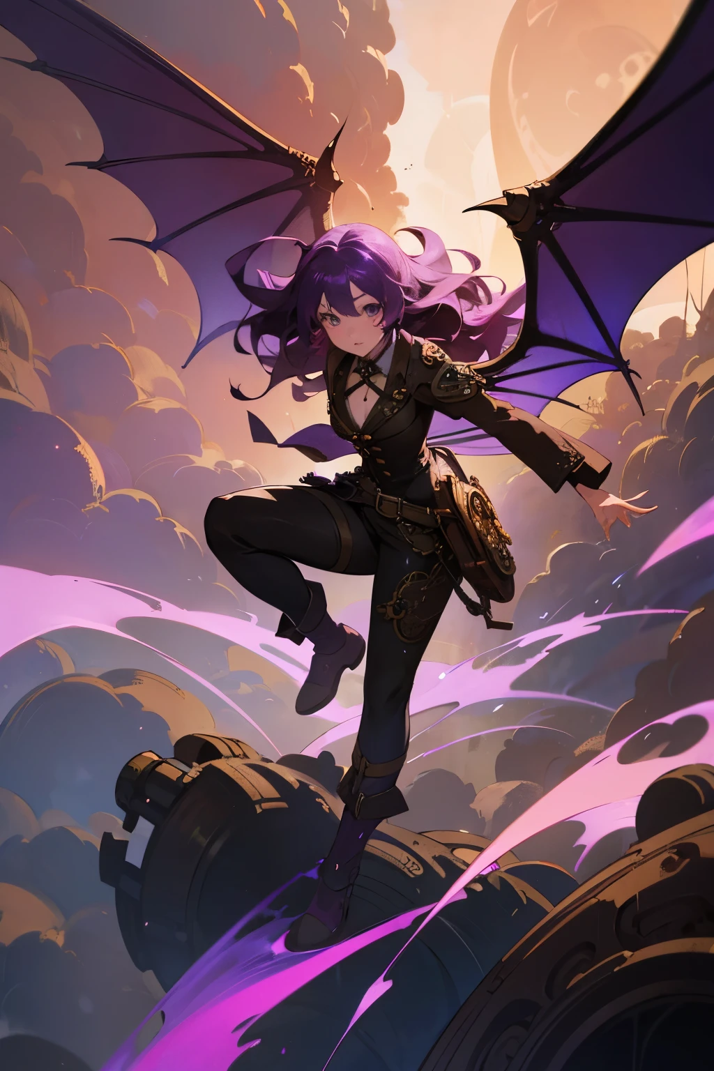 master piece, 1 girl, solo, dragon wings, full body, full art, wavy hair, steampunk goggles, anime, cute fairy, lovely digital painting, Amazing wallpapers, purple, lighting, steampunk theme, dragon theme, draconic, purple color, 4k, highly detailed, anime style, HDR, subsurface scattering, cinematic light, vivd colour, dynamicposes