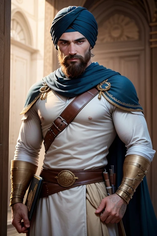 Generate a realistic image, un homme guerrier musulmans avec de longs cheveux bruns et une barbe sans moustache et un turban, un livre coran a la main, avec un air protecteur. Ses yeux sont gentils et expressifs,, Make sure the image is of high quality and rich in detail, highly detailed skin: 1,2 8k euh , 20 megapixel, Fujifilm XT3, 80 millimeters