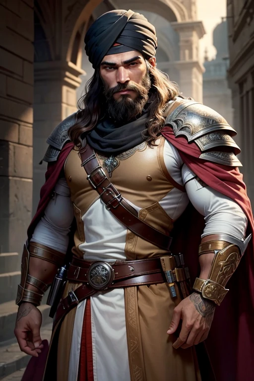 Generate a realistic image, a Muslim warrior man with long brown hair and a beard without a mustache and a turban, a Koran book in his hand, with a protective look. His eyes are kind and expressive,, Make sure the image is high quality and rich in details, very detailed skin: 1.2 8k uh, 20 megapixels, Fujifilm XT3, 80 millimeters