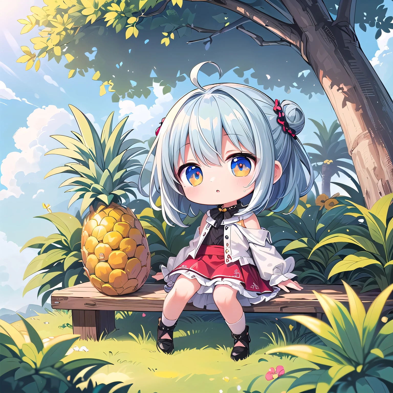 ((Chibi, REAL, Pineapple, 3DCG, 1 girl: 1.3)), (Masterpiece, almond-shaped eyes, glossy white-blue hair, short chignon hair, top quality, meticulously drawn limbs Fingertips, warm skirt,warm clothes, smooth and beautiful skin: 1.3), (red cheeks, fluffy clothes,fluffy skirt,full body,: 1.2), (It is a beautiful place with colorful flowers. They take naps in trees and play in flower gardens. A gentle breeze fills the little paradise.:1.2),(chibi:1.5)