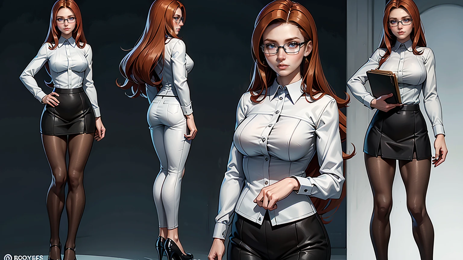 ((Masterpiece, Highest quality)), Detailed face, character design sheet, full bodyesbian, Full of details, frontal body view, back body view, Highly detailed, Depth, Many parts, (young girl with long hair ginger), 18 years old, shy gorgeous girl, same character, muscle body, business suit, girl tall, sexy secretary, glasses, short black skirt, white shirt