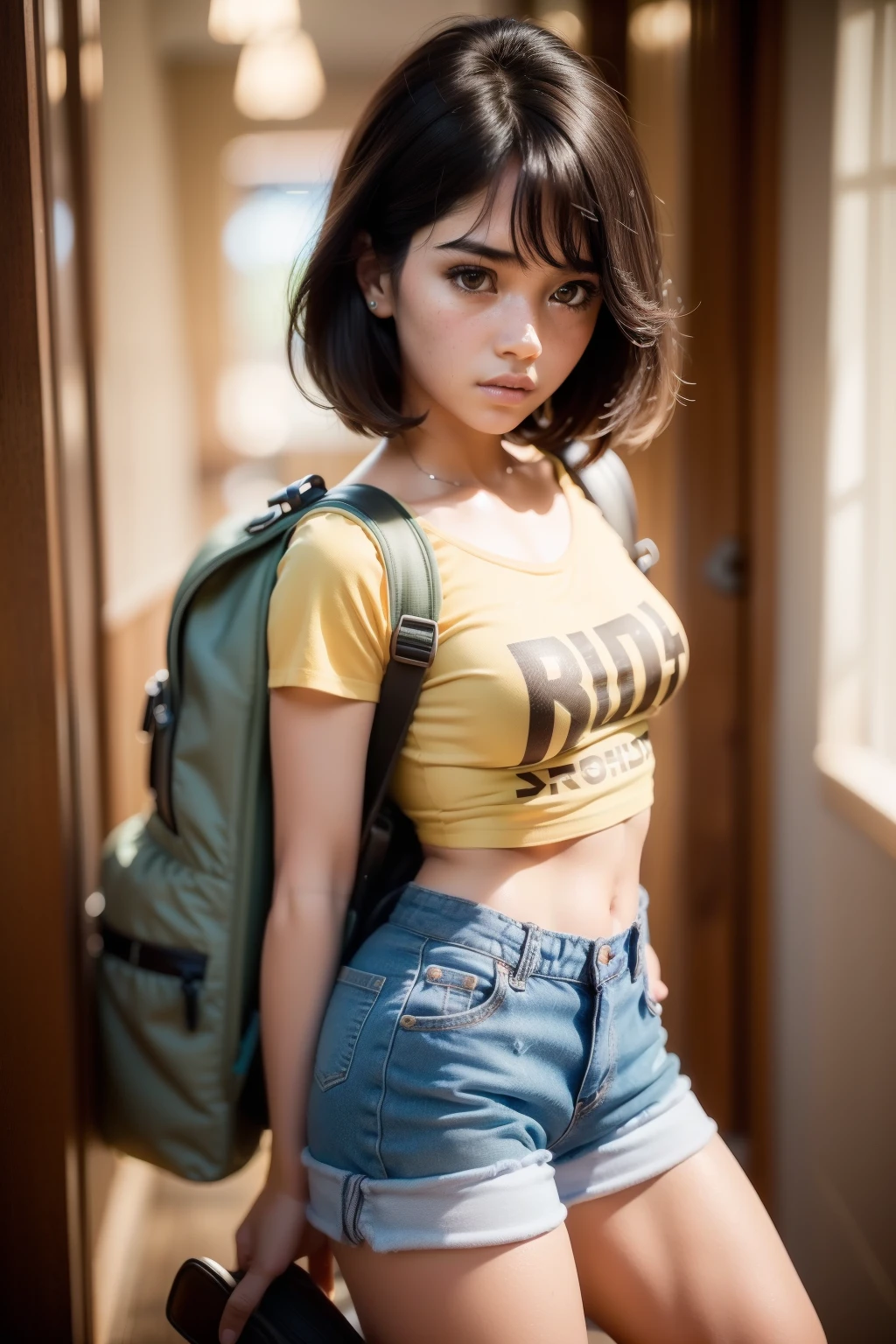 ((a short young girl from brazil on knees in the hotel room)), ((shoot from behind)) ((black hair short)), dora the explorer, ((big brown eyes)), ((green backpack)), (crop top graphic shirt), extremely detailed, 8yk, raw photo, high level of detail, (ray tracing), (masterpiece), (best quality), high-resolution, (realistic: 1.4), physically based representation, ultra-realistic, full body, natural light, double eyelids, ((detailed realistic face and eyes)), cinematic lighting, 8K resolution, (model shooting style), ((small round breasts)), (natural skin texture), ((brown khaki short shorts))