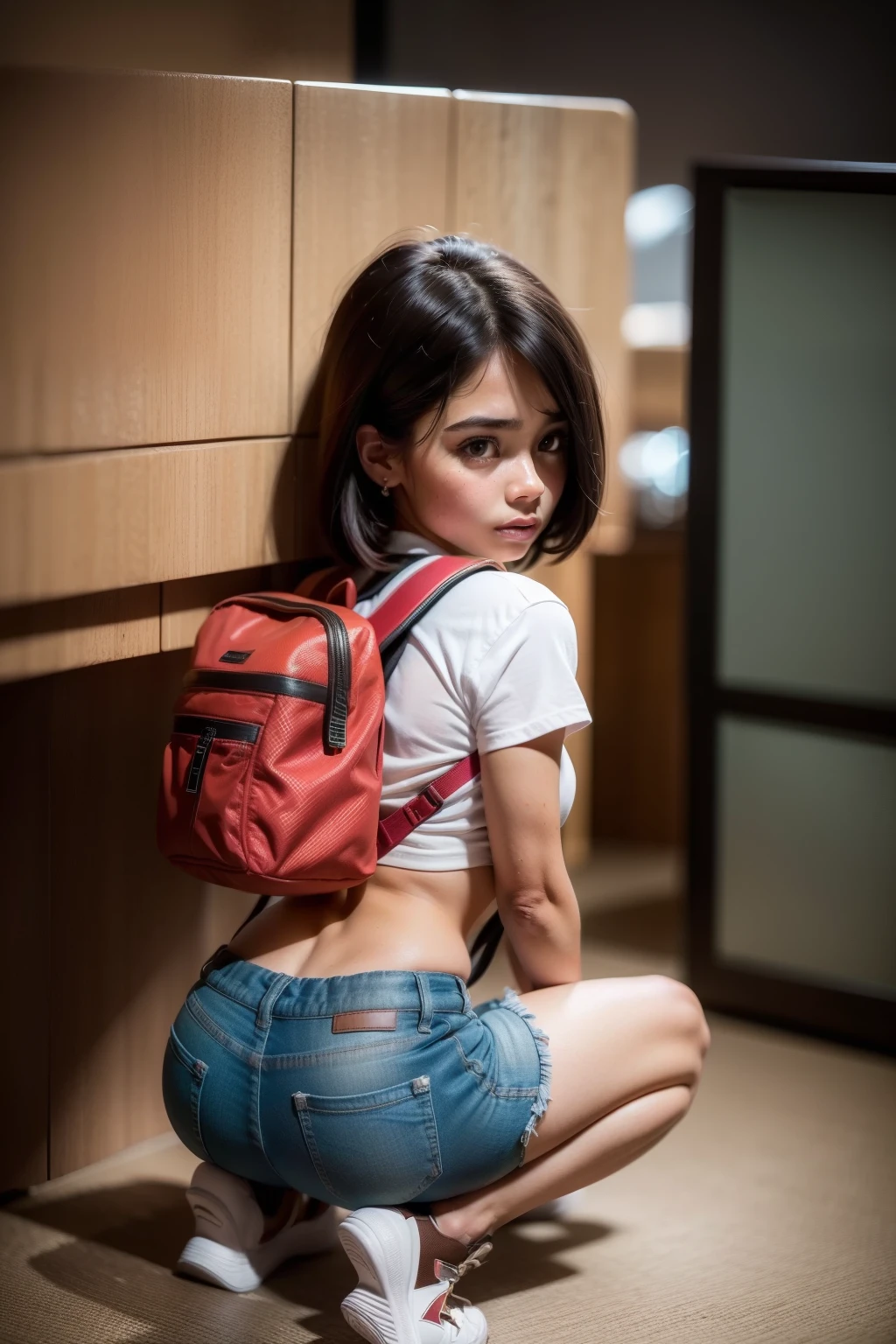 ((a short young girl from brazil on knees in the hotel room)), ((shoot from behind)) ((black hair short)), dora the explorer, ((big brown eyes)), ((green backpack)), (crop top graphic shirt), extremely detailed, 8yk, raw photo, high level of detail, (ray tracing), (masterpiece), (best quality), high-resolution, (realistic: 1.4), physically based representation, ultra-realistic, full body, natural light, double eyelids, ((detailed realistic face and eyes)), cinematic lighting, 8K resolution, (model shooting style), ((small round breasts)), (natural skin texture), ((brown khaki short shorts))