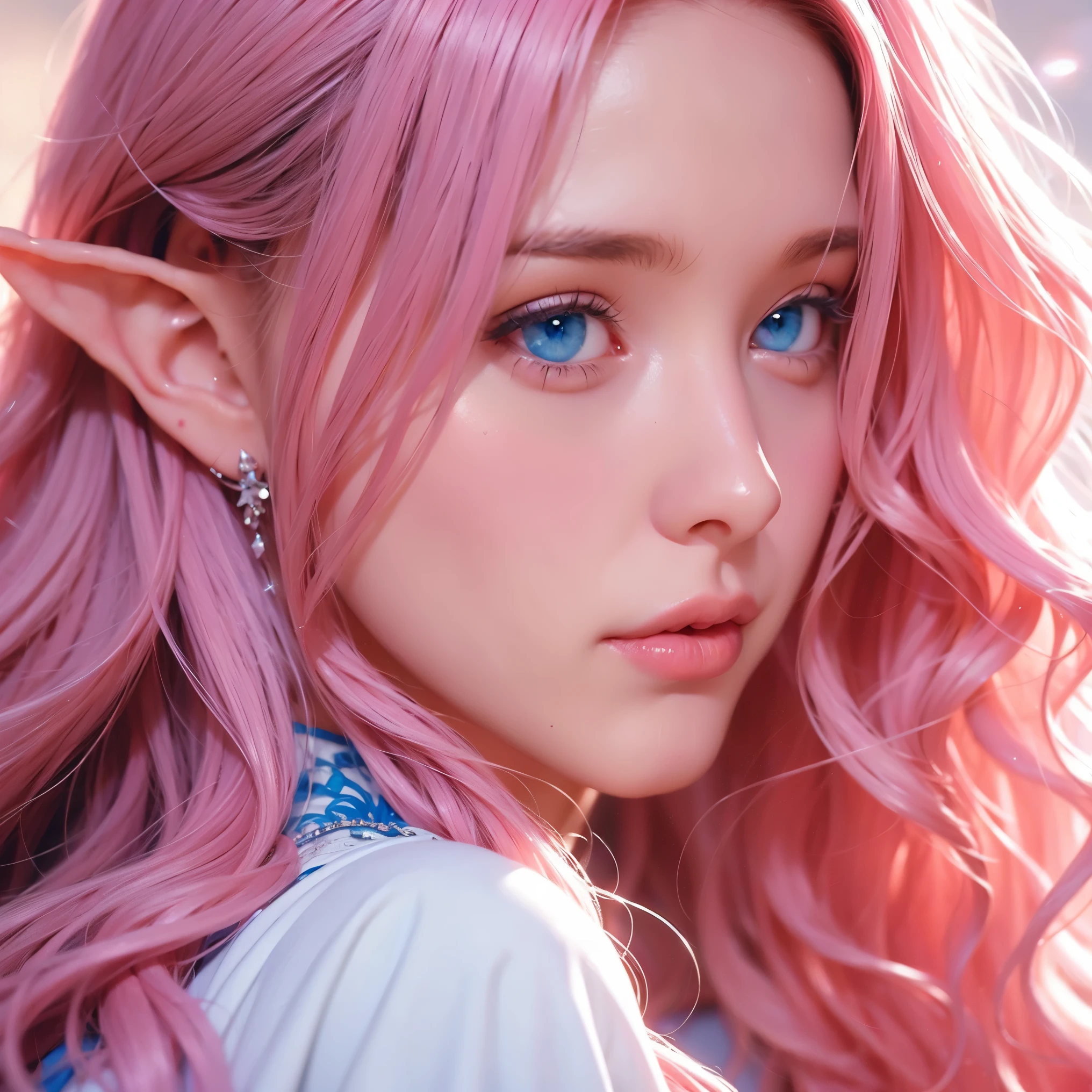 Woman, long curly hair, pink hair, blue eyes, elf, Face close up, delicate, magical background