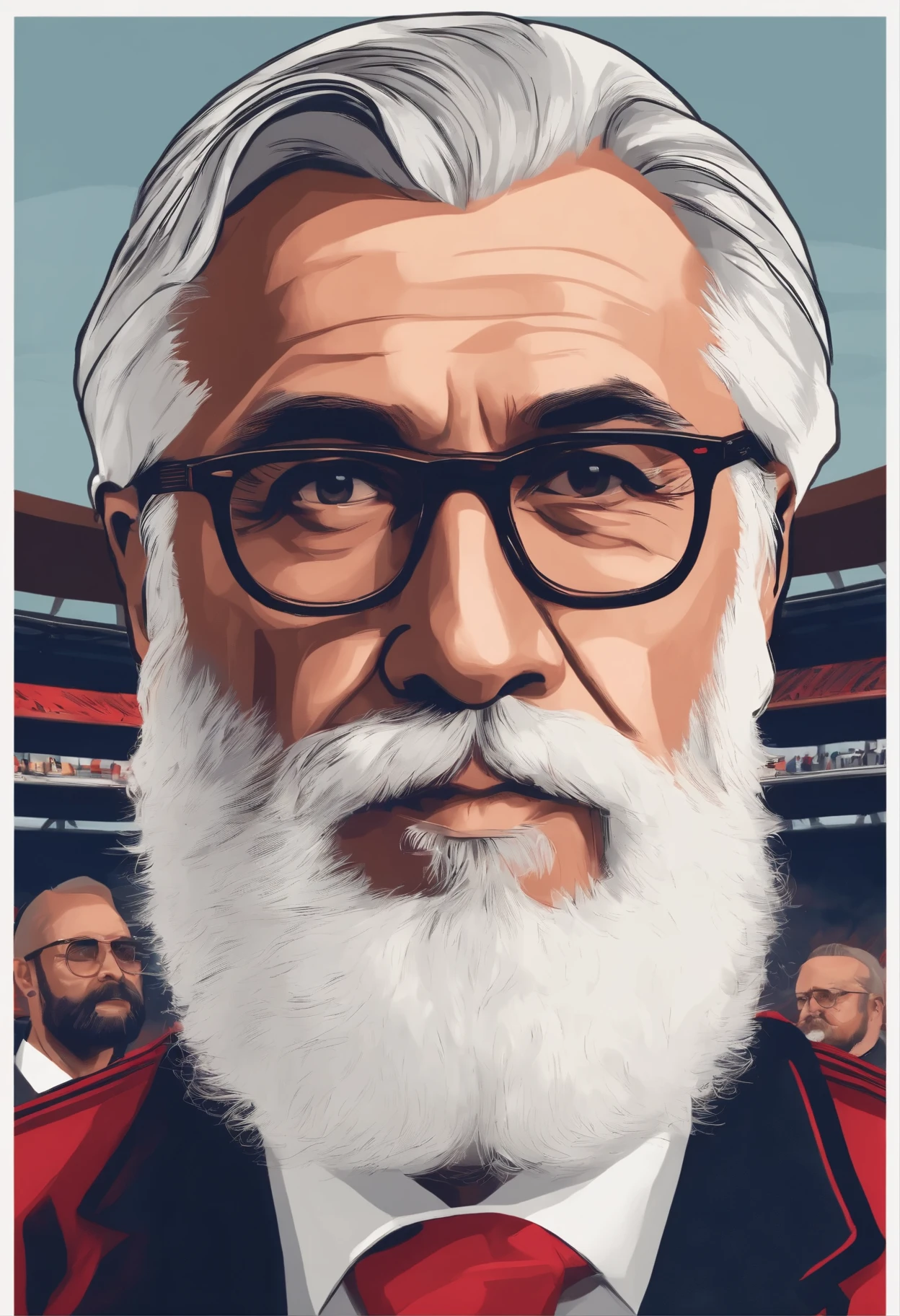 President of ac milan, with white long hairs and beard, glasses, and Milano in background 