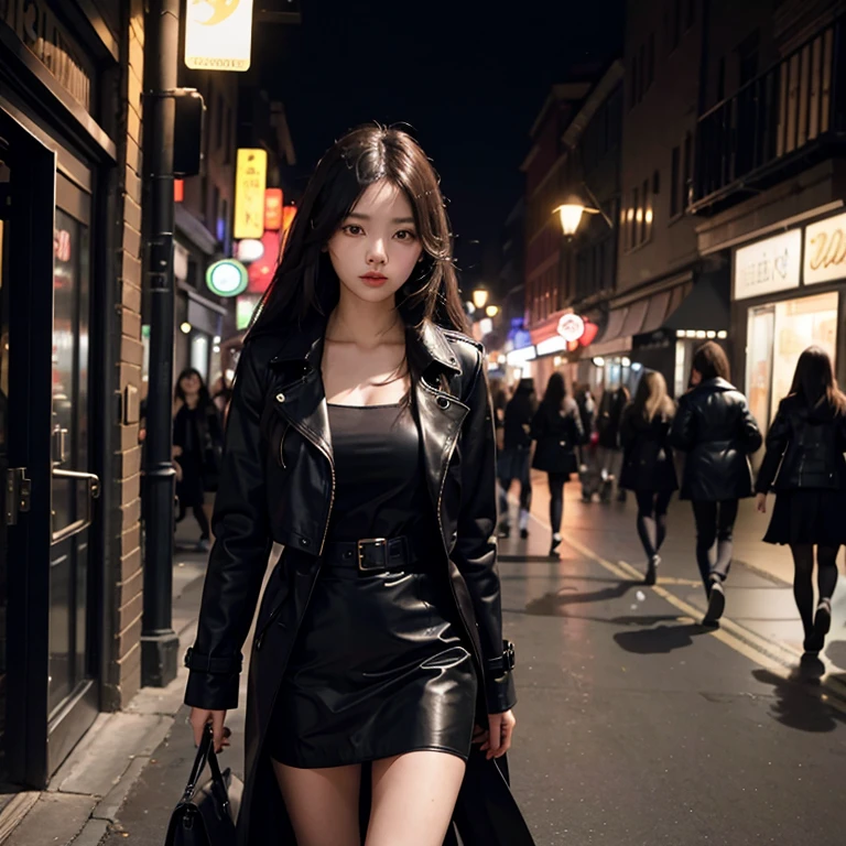 the night，A beautiful woman wandering the streets，long hair ，the street，Wear a black trench coat，Leather skirt，The best composition，anime，（（Dynamic angle camera shooting））），dynamicposes，