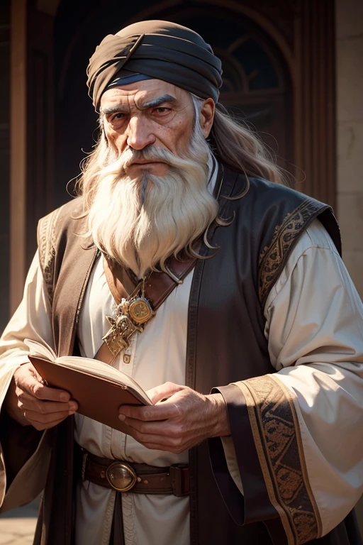 Generate a realistic image, a wise elderly Muslim man with long brown hair and a beard without a mustache and a turban, a Koran book in his hand, with a protective look. His eyes are kind and expressive,, Make sure the image is high quality and rich in details, very detailed skin: 1.2 8k uh, 20 megapixels, Fujifilm XT3, 80 millimeters