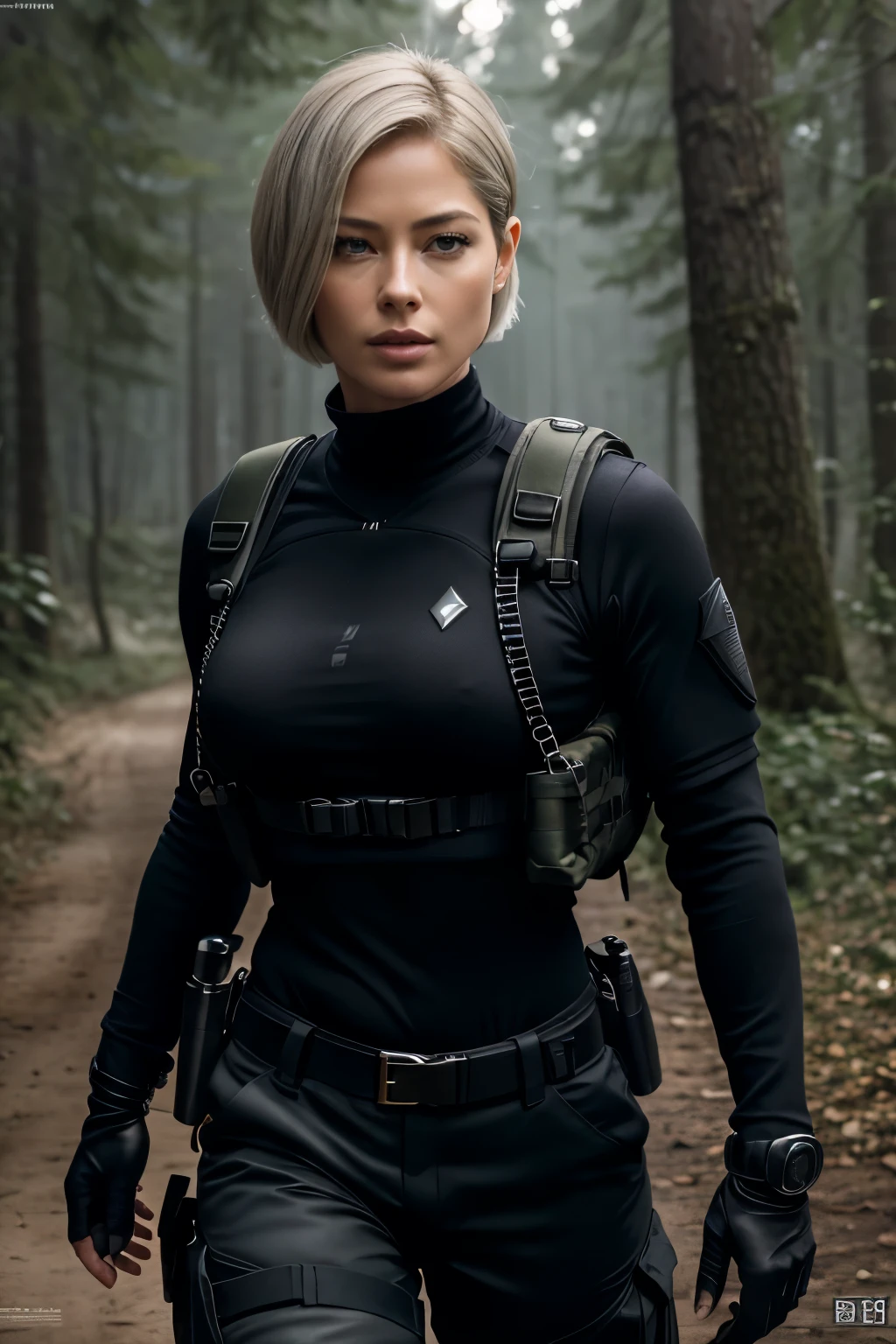 RAW photo of 50 years old Doutzen Kroes, mature woman, masterpiece, best quality, (photorealistic:1.4), beautiful woman, medium breasts, platinum hair, short short (bob haircut:1.2), wrinkles on the face, Special forces uniforms、Black tactical vest、black black Military trousers、Black combat gloves、rucksack、Black black military undershirt、SWAT helmet, Detailed facial and chest depictions、detailed hand depiction、Combat pose、Dynamic action、in woods、White smoke、watching at viewers