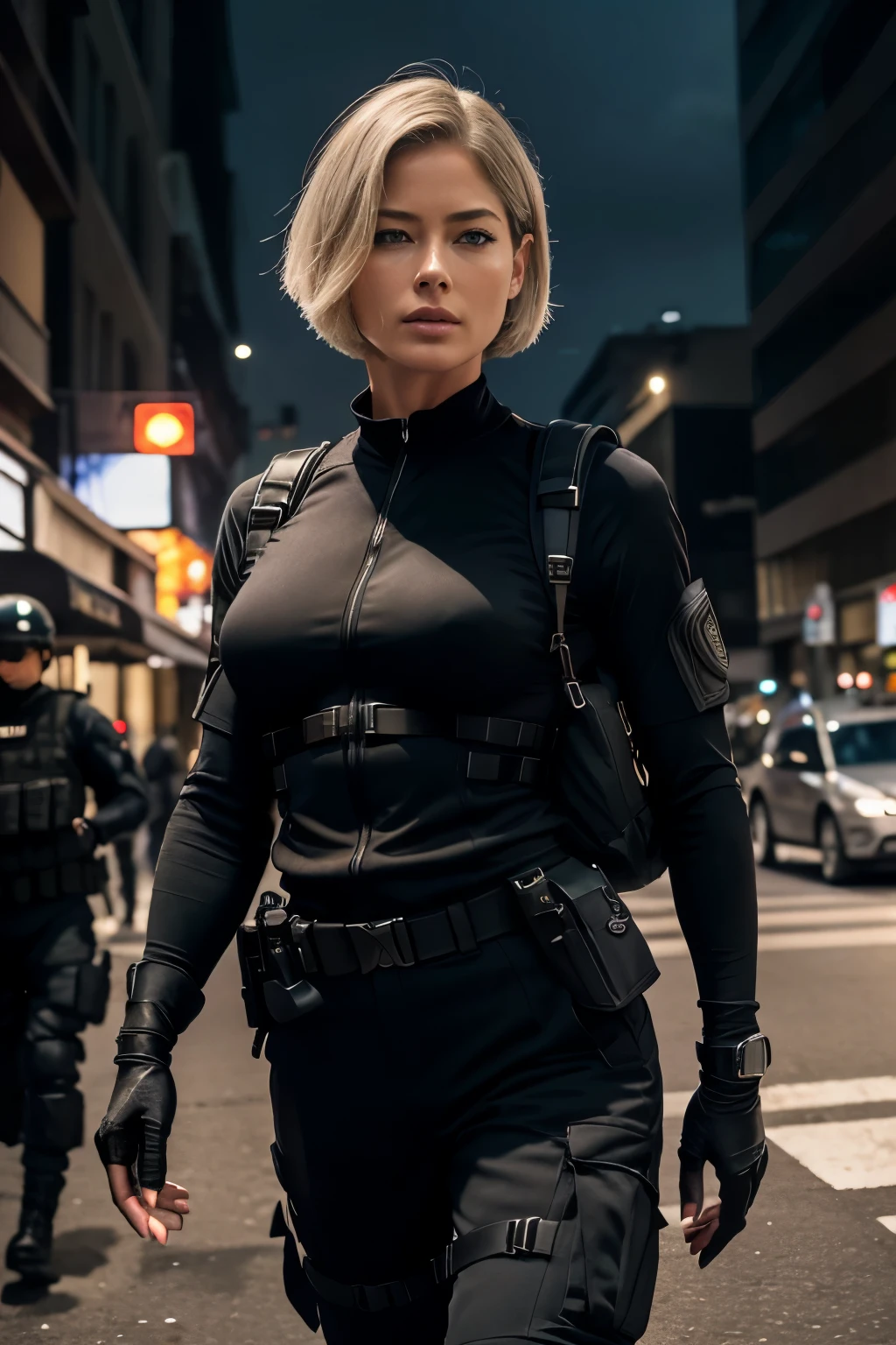 RAW photo of 50 years old Doutzen Kroes, mature woman, masterpiece, best quality, (photorealistic:1.4),  beautiful woman, medium breasts, platinum hair, short short (bob haircut:1.2), wrinkles on the face, Special forces uniforms、Black tactical vest、black black Military trousers、Black combat gloves、rucksack、Black black military undershirt、SWAT helmet, Detailed facial and chest depictions、detailed hand depiction、Combat pose、Dynamic action、on the city street、White smoke、watching at viewers