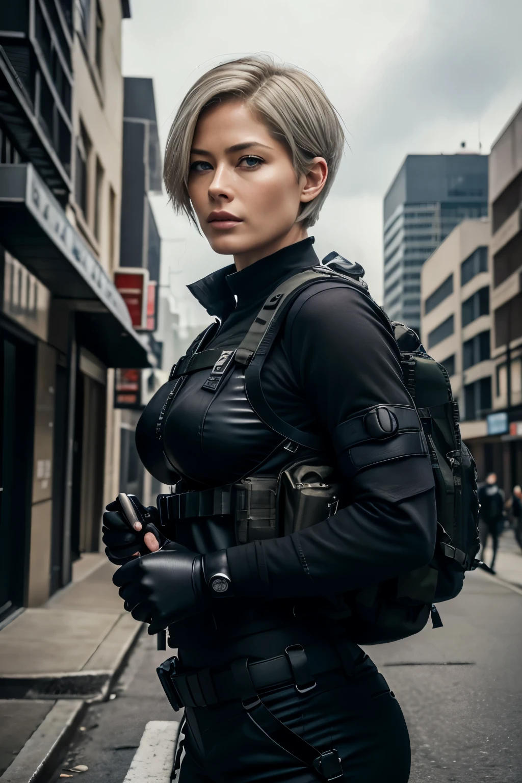 RAW photo of 50 years old Doutzen Kroes, mature woman, masterpiece, best quality, (photorealistic:1.4),  beautiful woman, medium breasts, platinum hair, short short (bob haircut:1.2), wrinkles on the face, Special forces uniforms、Black tactical vest、black black Military trousers、Black combat gloves、rucksack、Black black military undershirt、SWAT helmet, Detailed facial and chest depictions、detailed hand depiction、Combat pose、Dynamic action、in the city、White smoke、watching at viewers