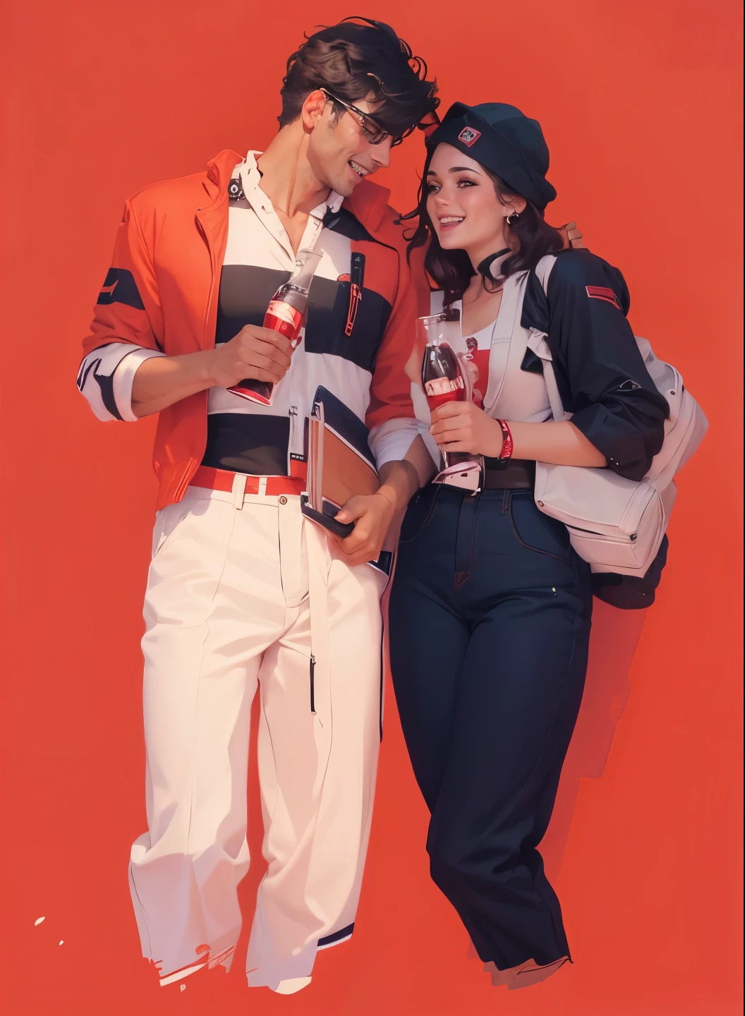 Casal Jovem estudantes sorridentes segurando garrafa de coca cola
