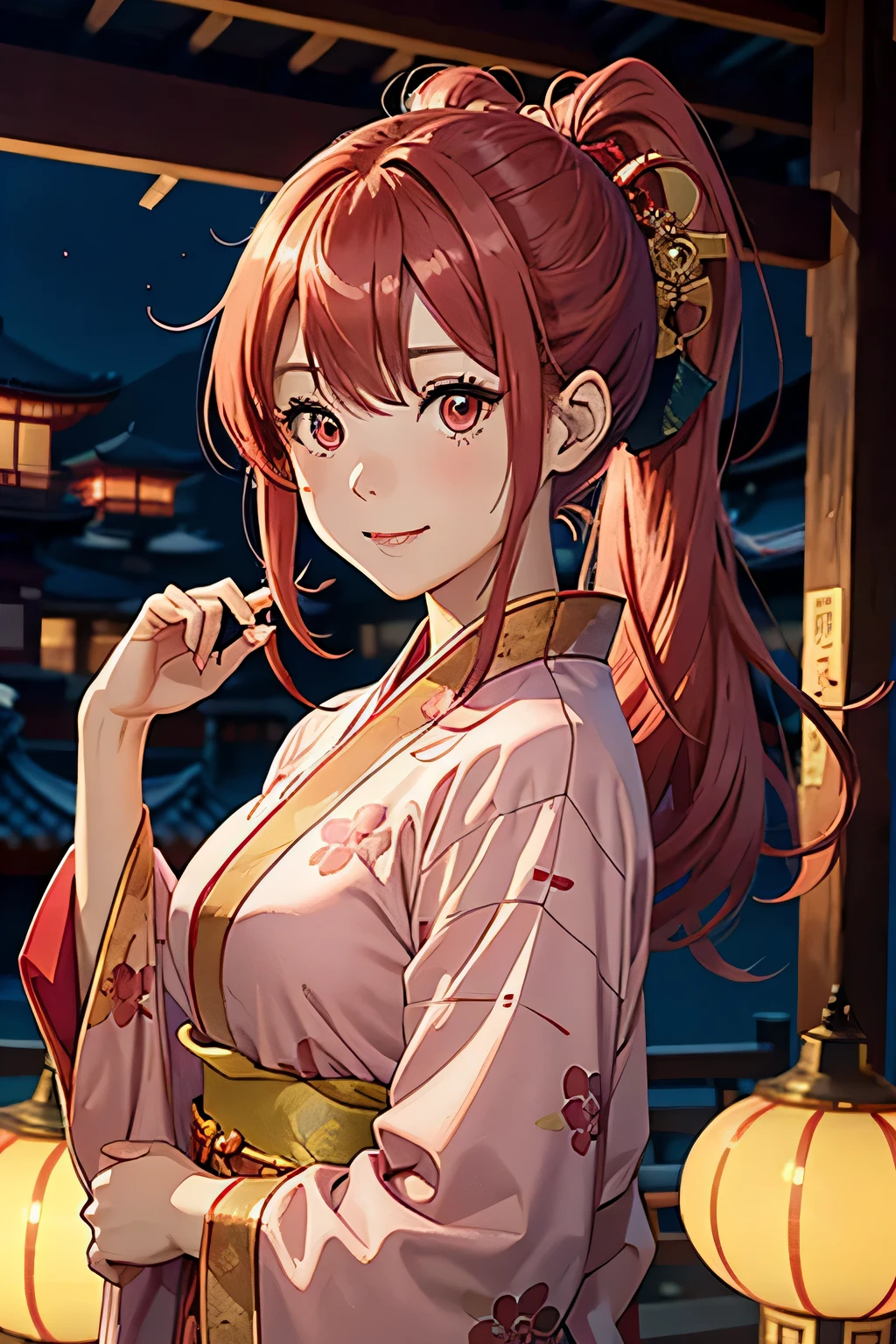 Asian anime girl, reddish pink hair, long hair, ponytail, pink hairpin ribbon, red decorated kimono, gold eyes, vertical pupil, smiling, looking at the viewer, japanese festival setting, nightime, chinese, chinese lamps.