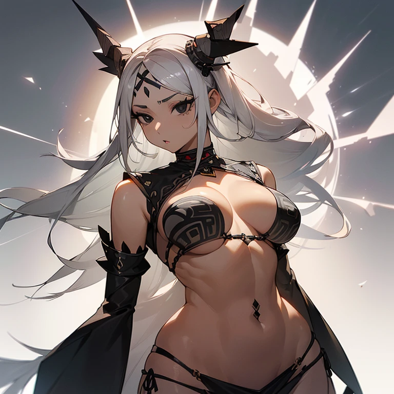 (((I want a woman with light skin, completely black eyes, long gray hair, body with slight curves, medium breasts, wearing tribal clothes)))