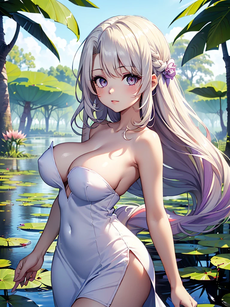 gran calidad ++ Extremely detailed high resolusionolution, very aesthetic, ojos expresivos, (((Cara perfecta))), (((face symmetrical))), ((good anatomy)), (((manos perfectas))), (((8k))), UHD, Fondo de pantalla HD, (((alta calidra detallada, (((((1girl)))))), solamente, Obra maestra, La mejor calidad, high resolusion, Altamente detallado, (illustration), hermosos ojos detallados, (((combatant))), (((1girl))), ((((cuerpo completo)))), (((((illyasviel von einzbern))))), ((princess_celestia)), ((((forma humana)))), (((princesa celestia humanizada))), Celestia, Celestia de My Little Poni, celestia en forma de milf, Cabello largo y ondulado, (((ojos rosados))), (((Ojos rojos))), (((strapless tube dress))), (((purple heart promise))), (((white dress))), (((milfication))), (((mature female))), (((gigantic breasts))), (((orejas blancas de pony, Dedos detallados))), Dedos precisos, Manos no antinaturales, strange eye, columnas griegas, exterior, hermoso bosque majestuoso, hojas de parra rodeando las columnas, arbustos de flores por todas partes, cielo despejado, bright sunny day, water lilies, bosque celestial,