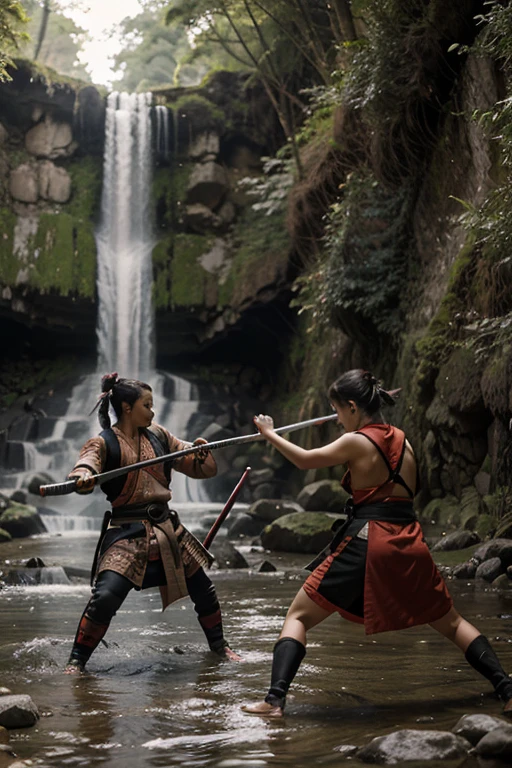 dos samurais luchando con katanas con una cascada de fondo