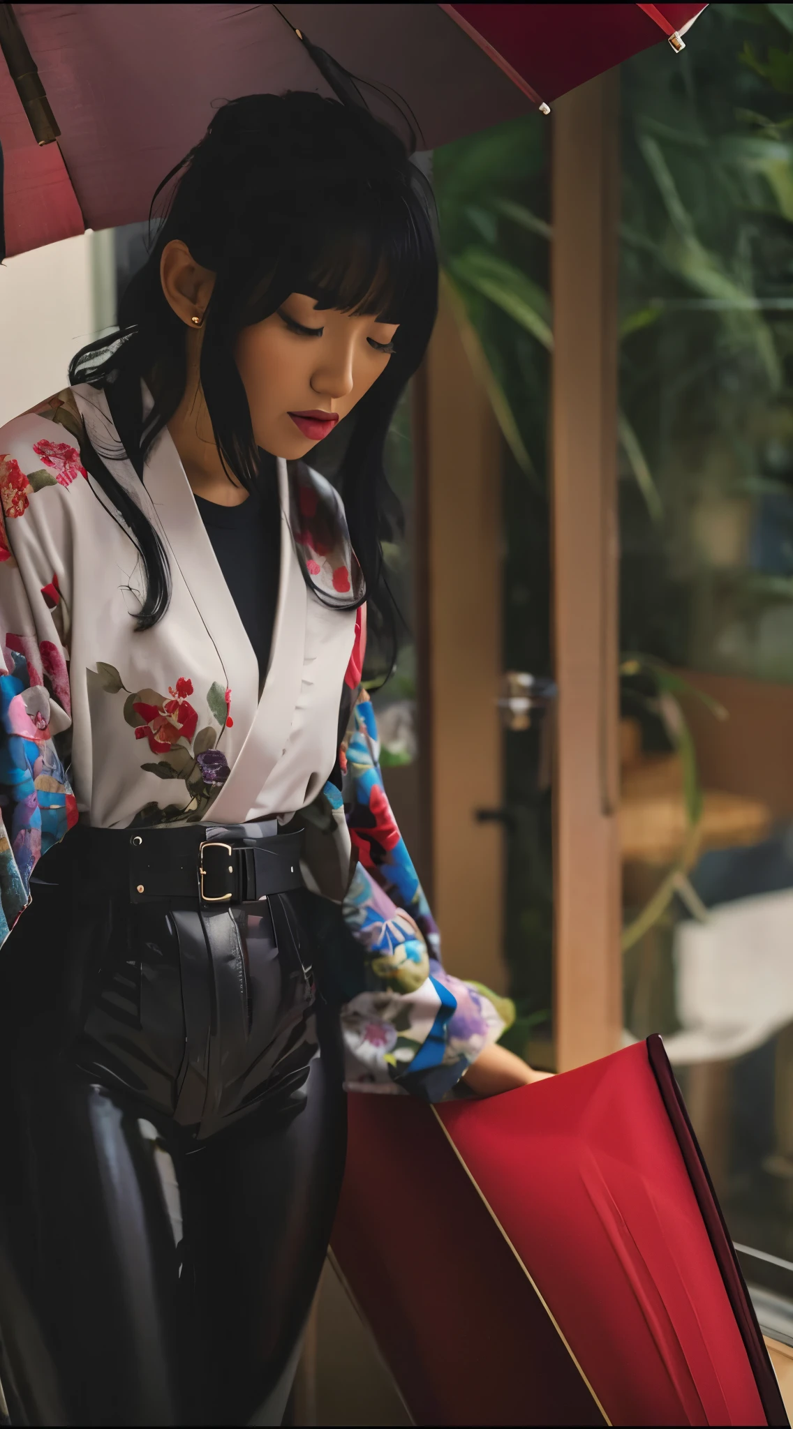 woman with black hair, in a room, she is holding a red umbrella, she is wearing a white kimono and black seamed leggings