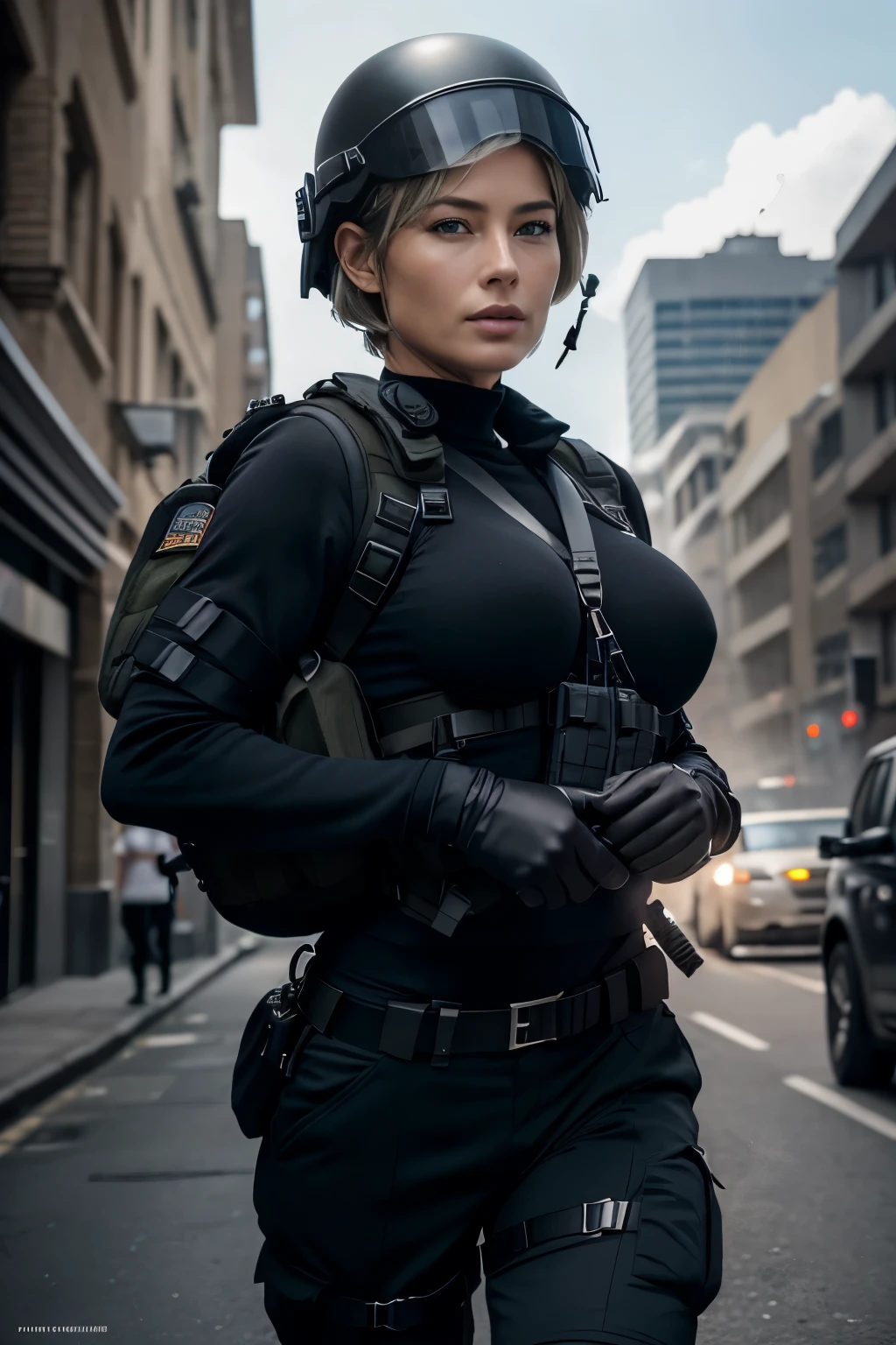 RAW photo of 50 years old Doutzen Kroes, mature woman, masterpiece, best quality, (photorealistic:1.4), beautiful woman, medium breasts, platinum hair, short short (bob haircut:1.2), wrinkles on the face, Special forces uniforms、Black tactical vest、black black Military trousers、Black combat gloves、rucksack、Black black military undershirt、SWAT helmet helmet, Detailed facial and chest depictions、detailed hand depiction、Combat pose、Dynamic action、in the city、White smoke、watching at viewers