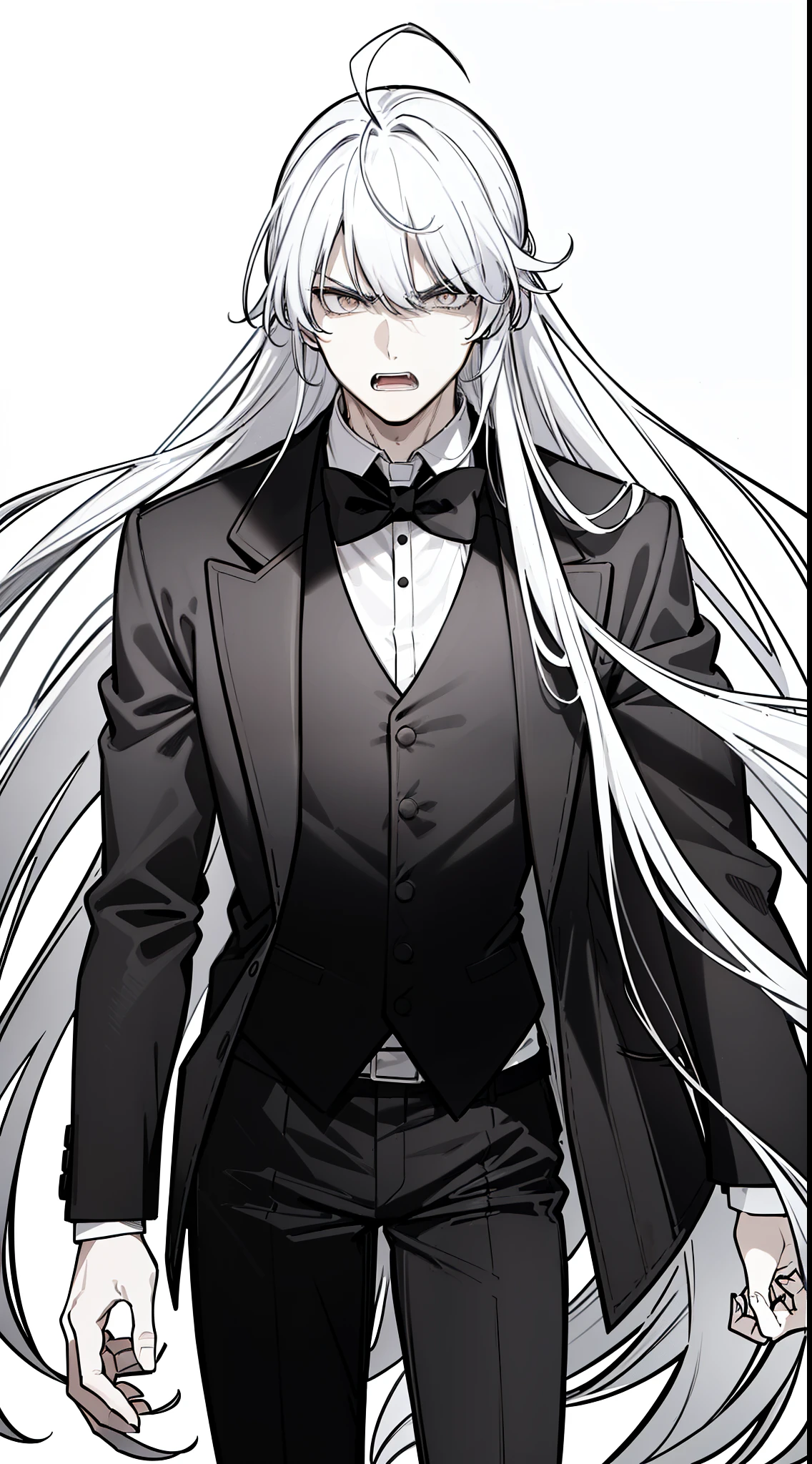 (1man,male),cowboy shot,white hair,long hair,(((hair 2antennas))),((black blazer,black vest,black tie,black pants)),(white eyes,open mouth,angry),(white background,line drawing),portrait