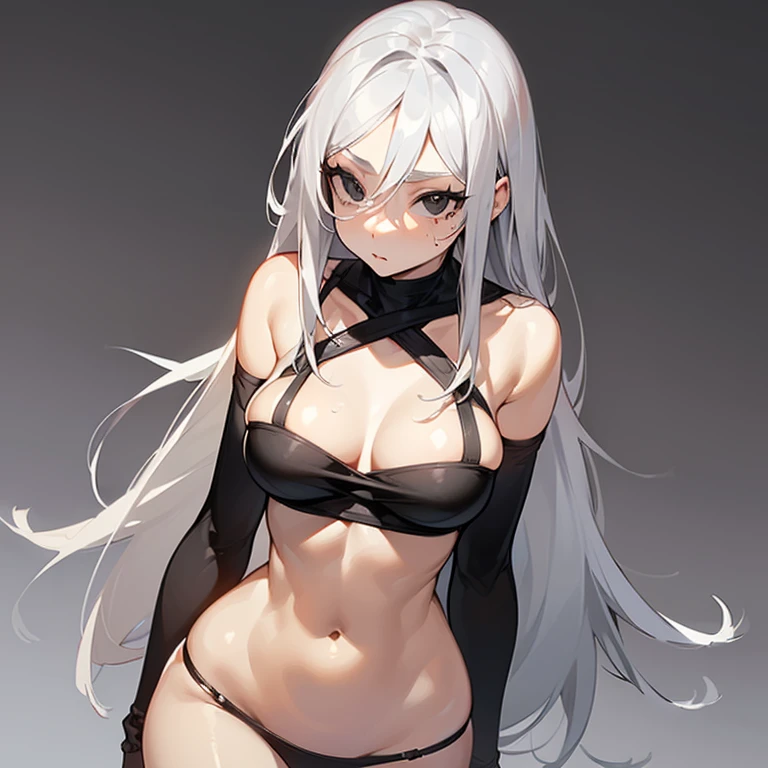 (((I want a woman with light skin, completely black eyes, long gray hair, a body with slight curves, medium breasts, wearing a )))